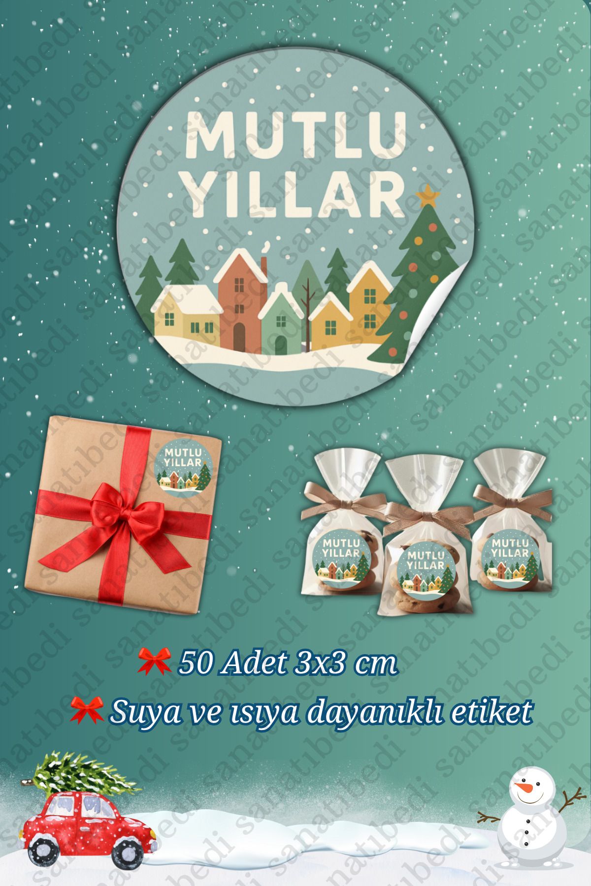 sanatıbedi Mutlu Yıllar Sticker 3 Cm 50 Adet - Suya Dayanıklı Yeni Yıl Yılbaşı Etiket - Hediye Paketleme