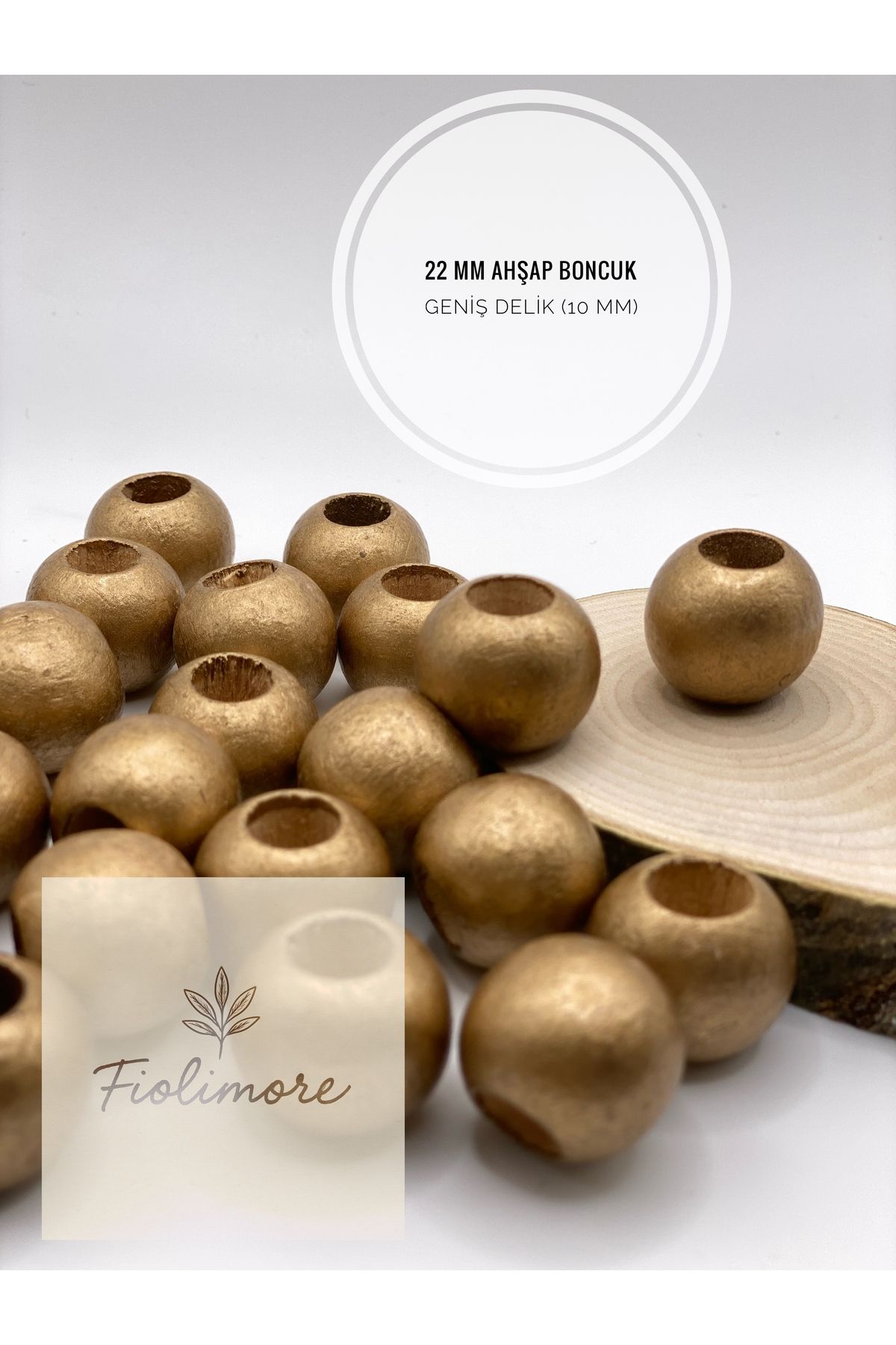 Fiolimore Altın Sarı Ahşap Boncuk 22 mm (50 Gram 15 Adet) Delik Çapı 10 mm Yuvarlak Tahta Renkli Geniş Delik