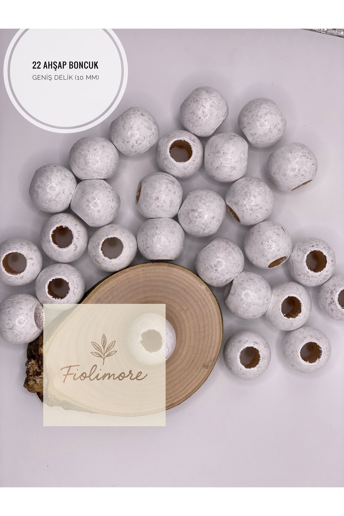 Fiolimore Beyaz Ahşap Boncuk 22 mm (50 Gram 15 Adet) Delik Çapı 10 mm Yuvarlak Tahta Renkli Boncuk Geniş Delik