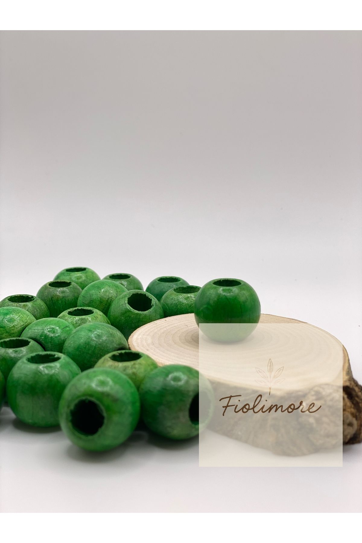 Fiolimore Fıstık Yeşil Ahşap Boncuk 22 mm (50 Gram 15 Adet) Delik Çapı 10 mm Yuvarlak Tahta Renkli Geniş Delik