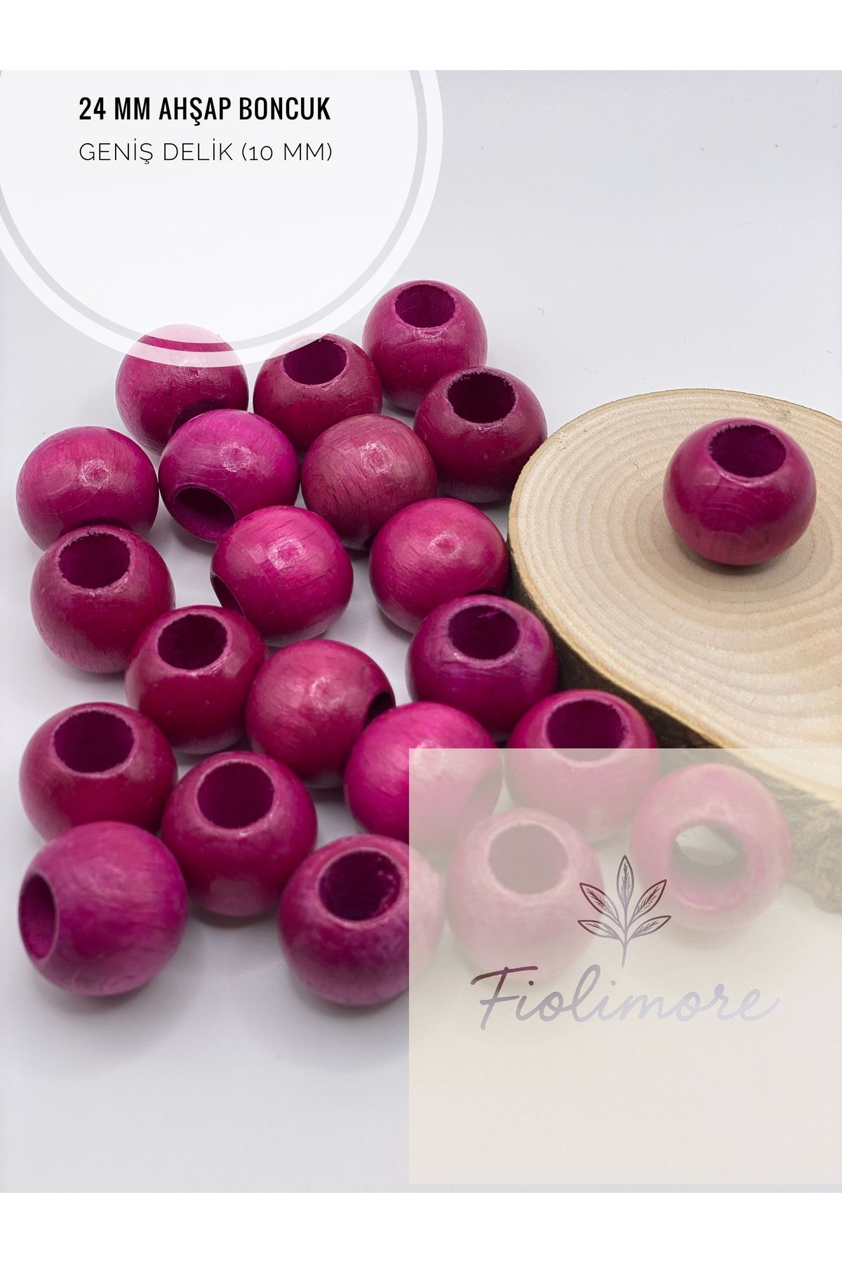 Fiolimore Fuşya Pembe Ahşap Boncuk 24 mm (50 Gram 14 Adet) Delik Çapı 10 mm Yuvarlak Tahta Renkli Geniş Delik