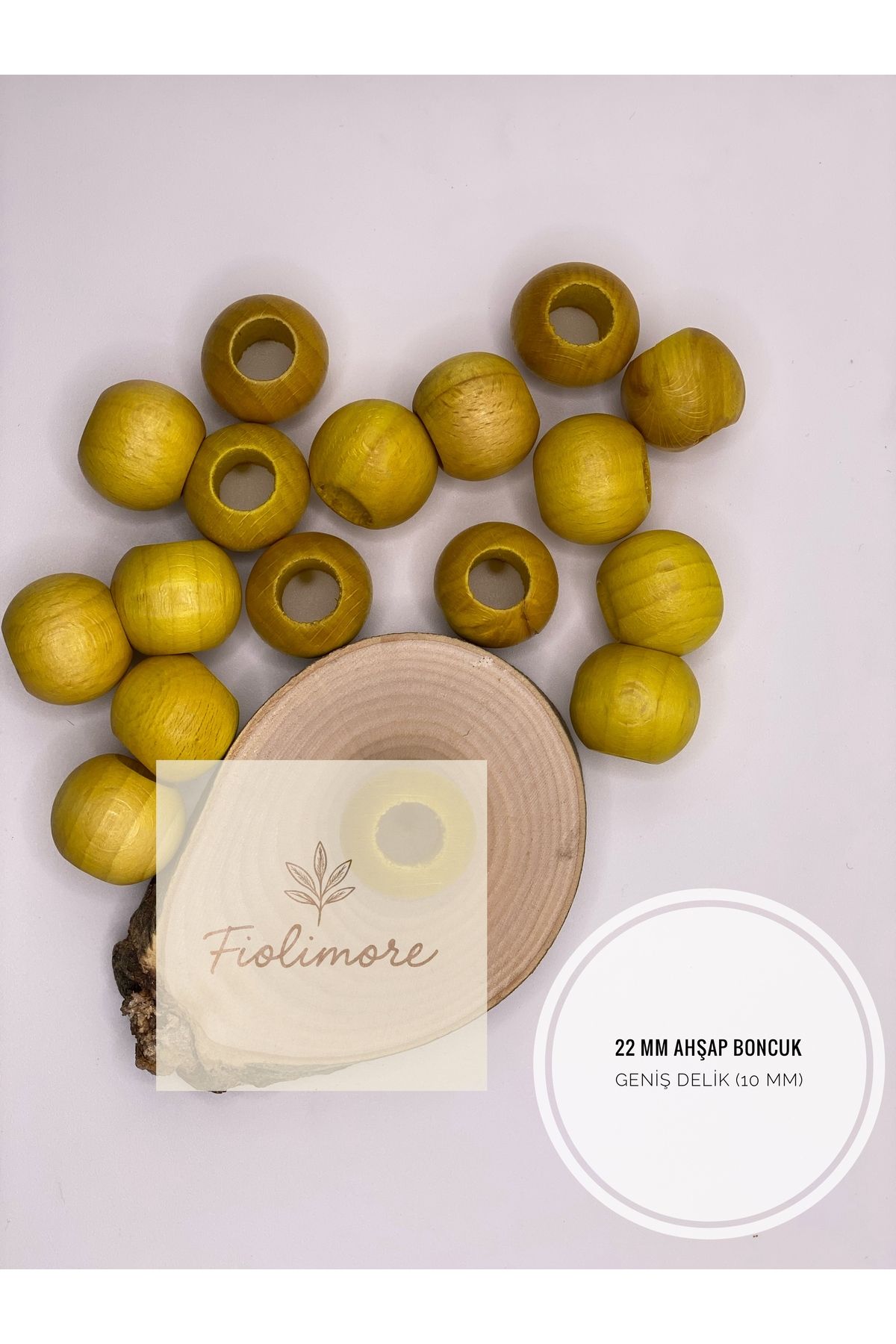Fiolimore Sarı Ahşap Boncuk 22 mm (50 Gram 15 Adet) Delik Çapı 10 mm Yuvarlak Tahta Renkli Boncuk Geniş Delik