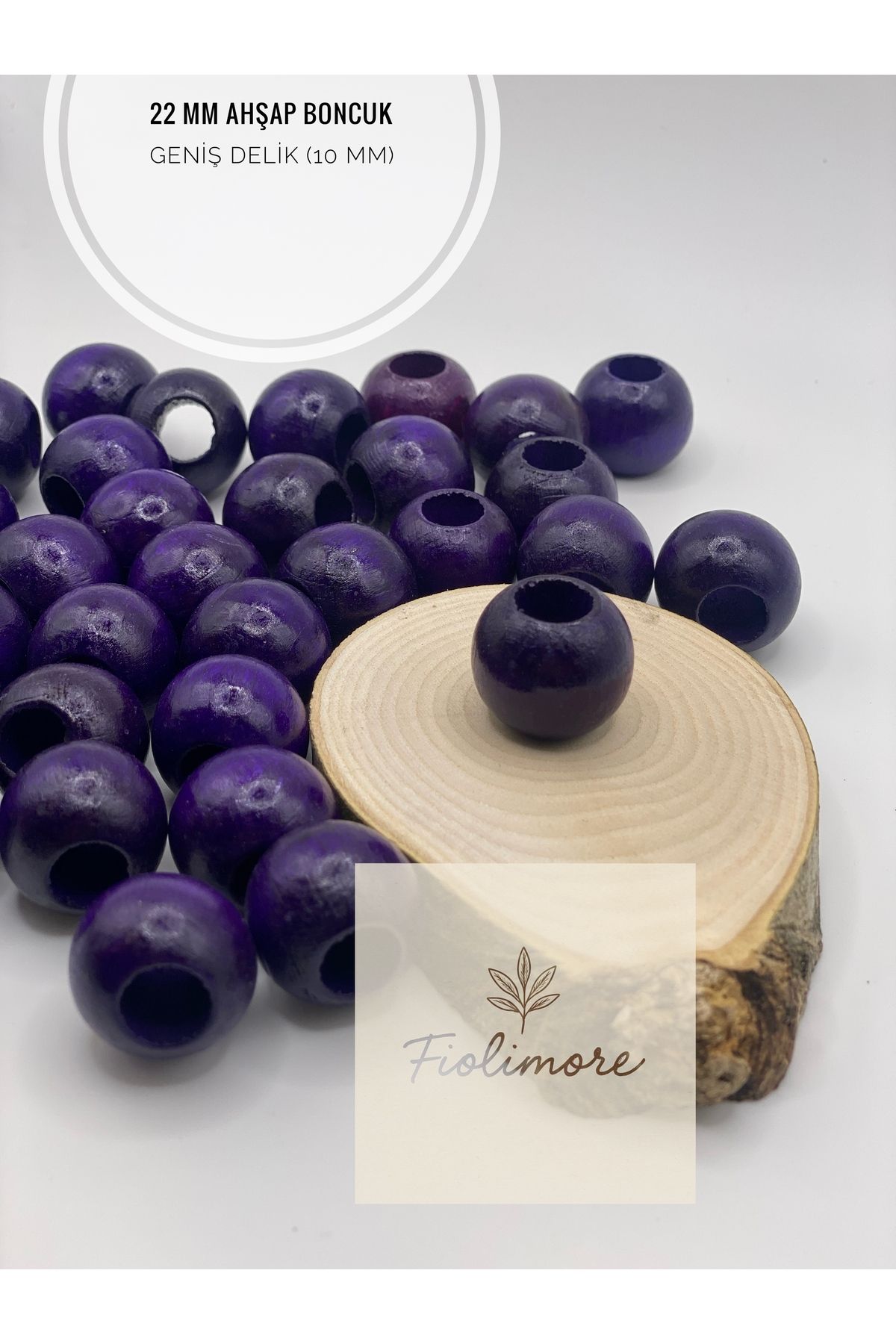 Fiolimore Mor Ahşap Boncuk 22 mm (50 Gram 15 Adet) Delik Çapı 10 mm Yuvarlak Tahta Renkli Boncuk Geniş Delik