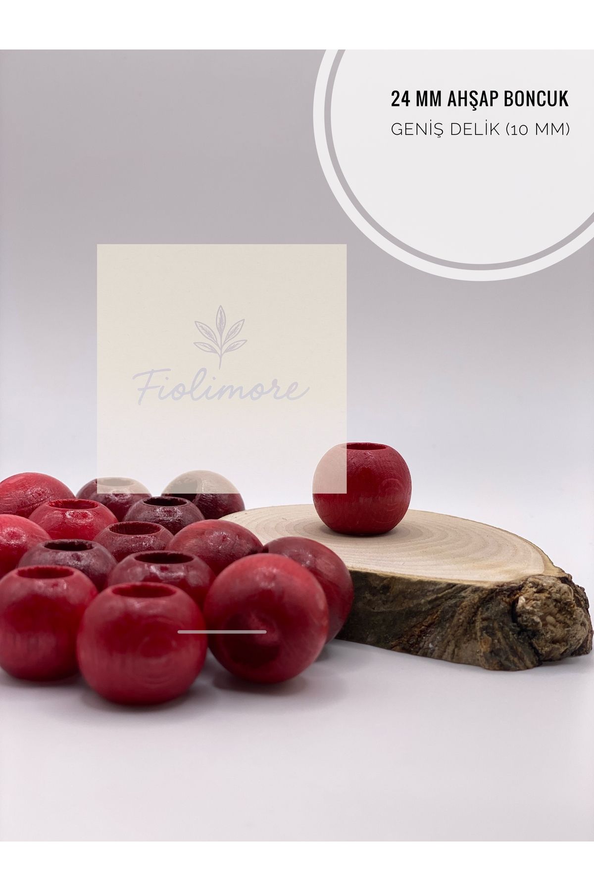Fiolimore Kırmızı Ahşap Boncuk 24 mm (50 Gram 14 Adet) Delik Çapı 10 mm Yuvarlak Tahta Renkli Geniş Delik