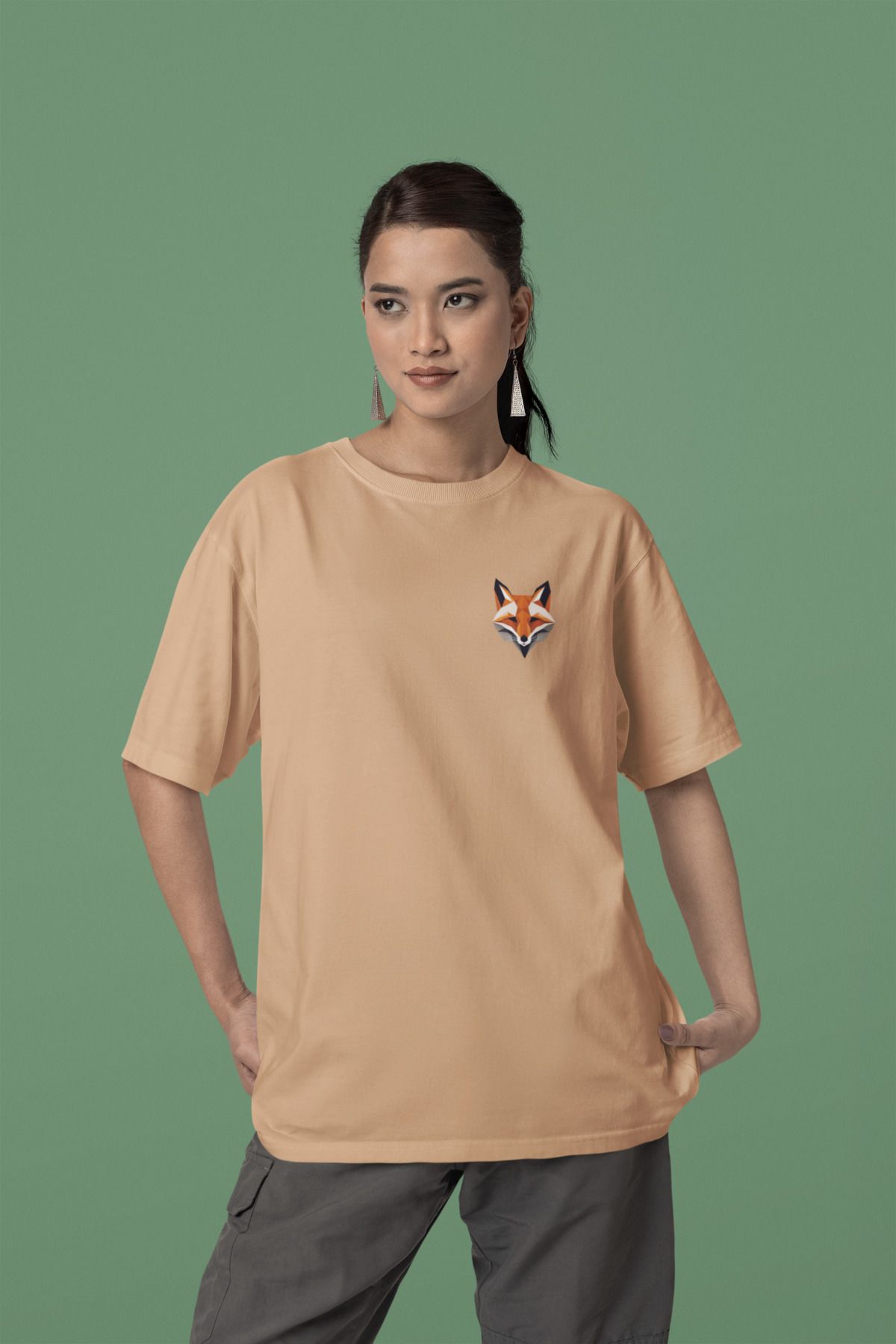 Merfy Wear Bestia Geometrica - Oversize - Unisex - %100 Pamuk - Bisiklet Yakalı Tilki Baskılı Tişört