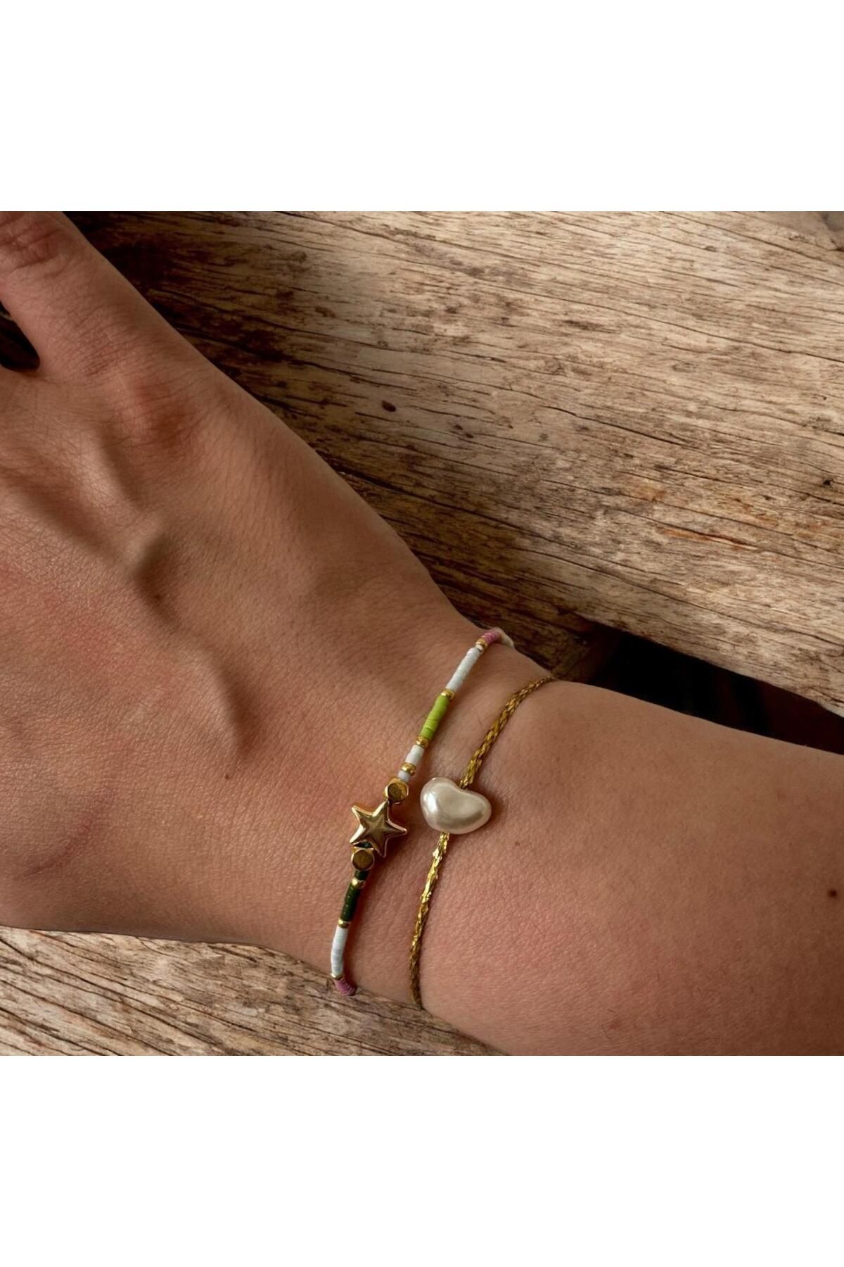 Mojo Jewellery Miyuki Gold Detaylı Yıldız & Tek İncili Gold Detaylı İp Bileklik 2’li Takım