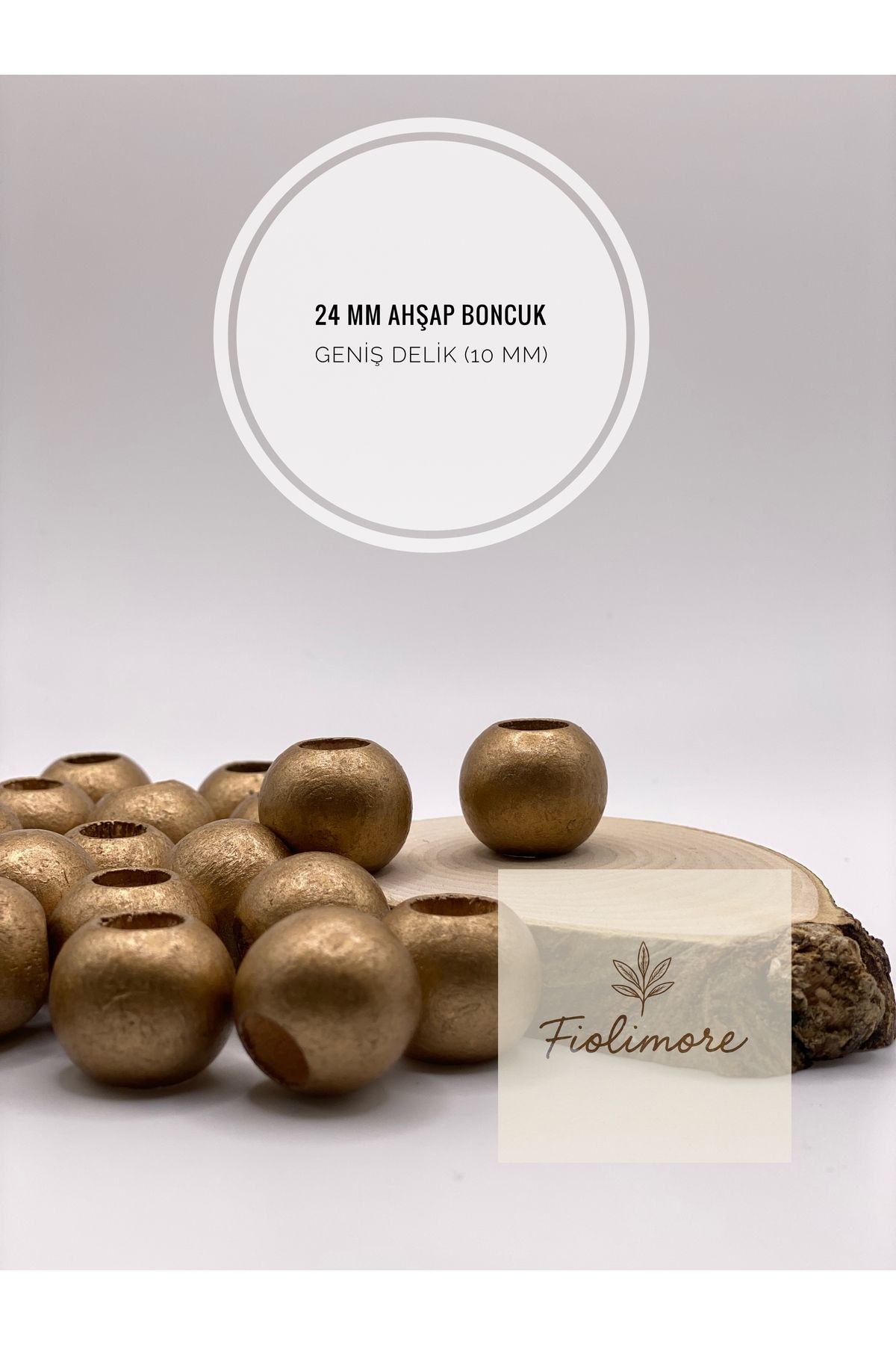 Fiolimore Altın Sarı Ahşap Boncuk 24 mm (50 Gram 14 Adet) Delik Çapı 10 mm Yuvarlak Tahta Renkli Geniş Delik
