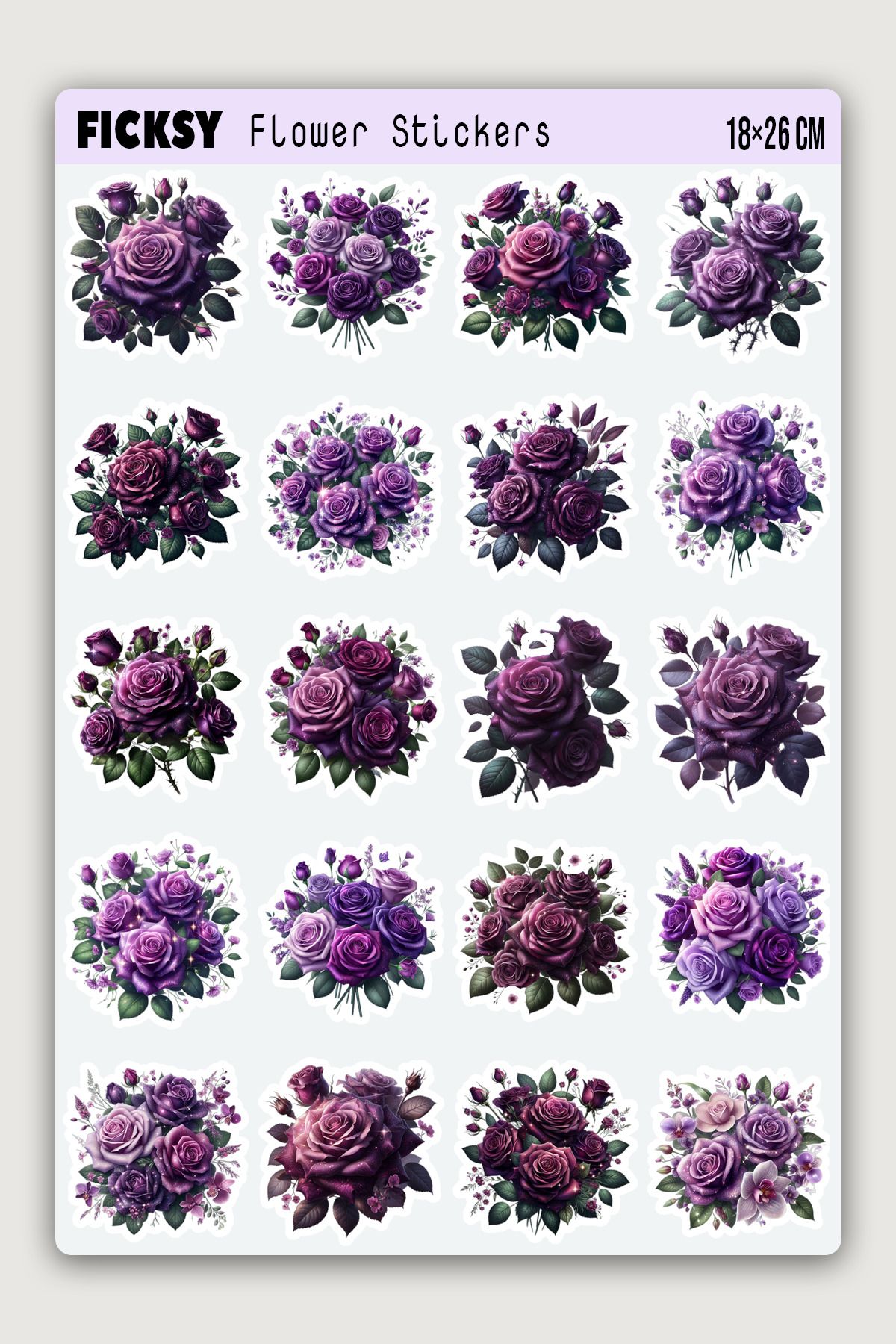 Ficksy Mor Gül Çiçek Sticker Seti - 20 Adet Etiket Çıkartma