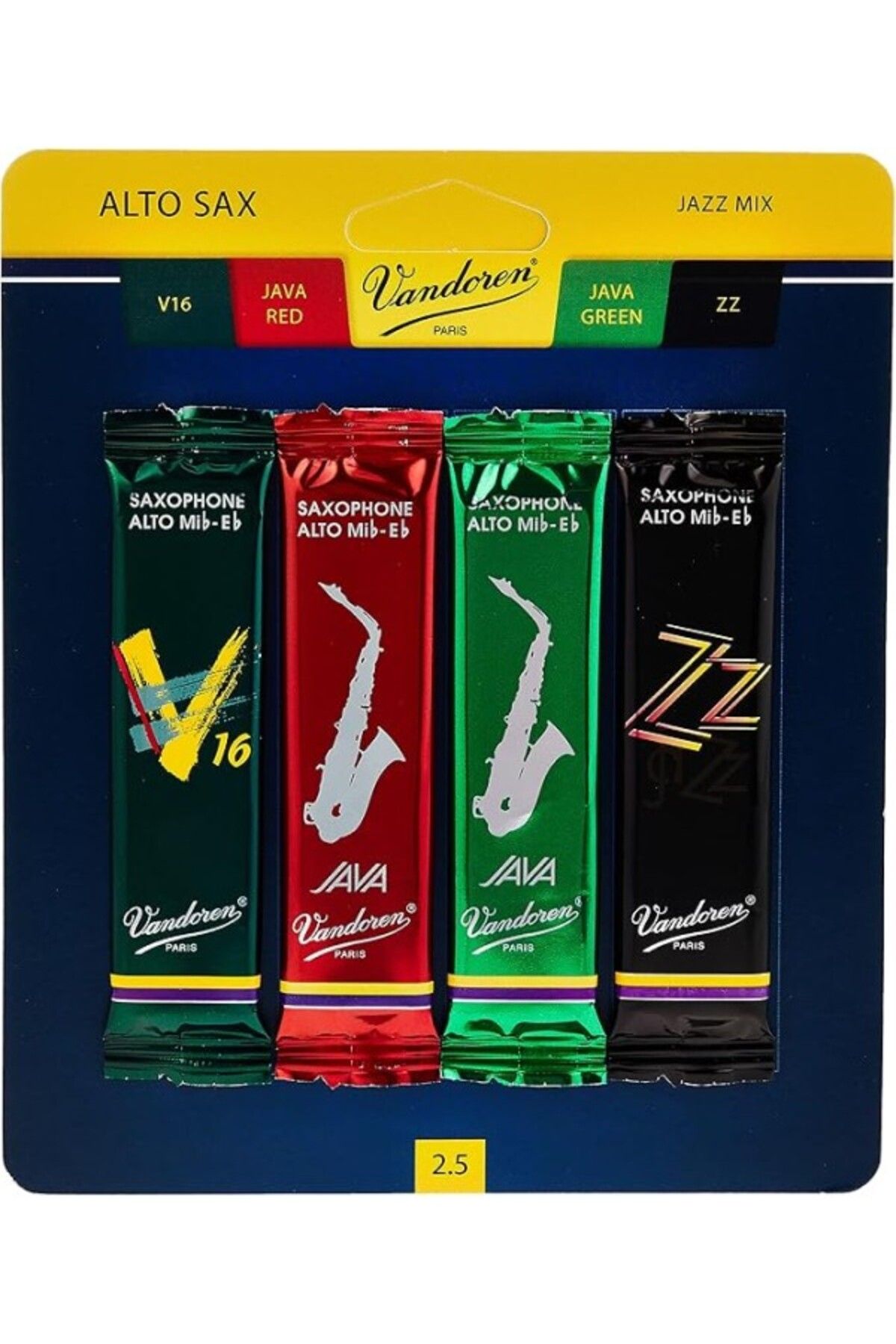 ShopZum Vandoren Srmixa25 Alto Sax Jazz Reed Karışık Kart Her Biri 1 Adet Zz, V16, Java Ve Java Red Strengt