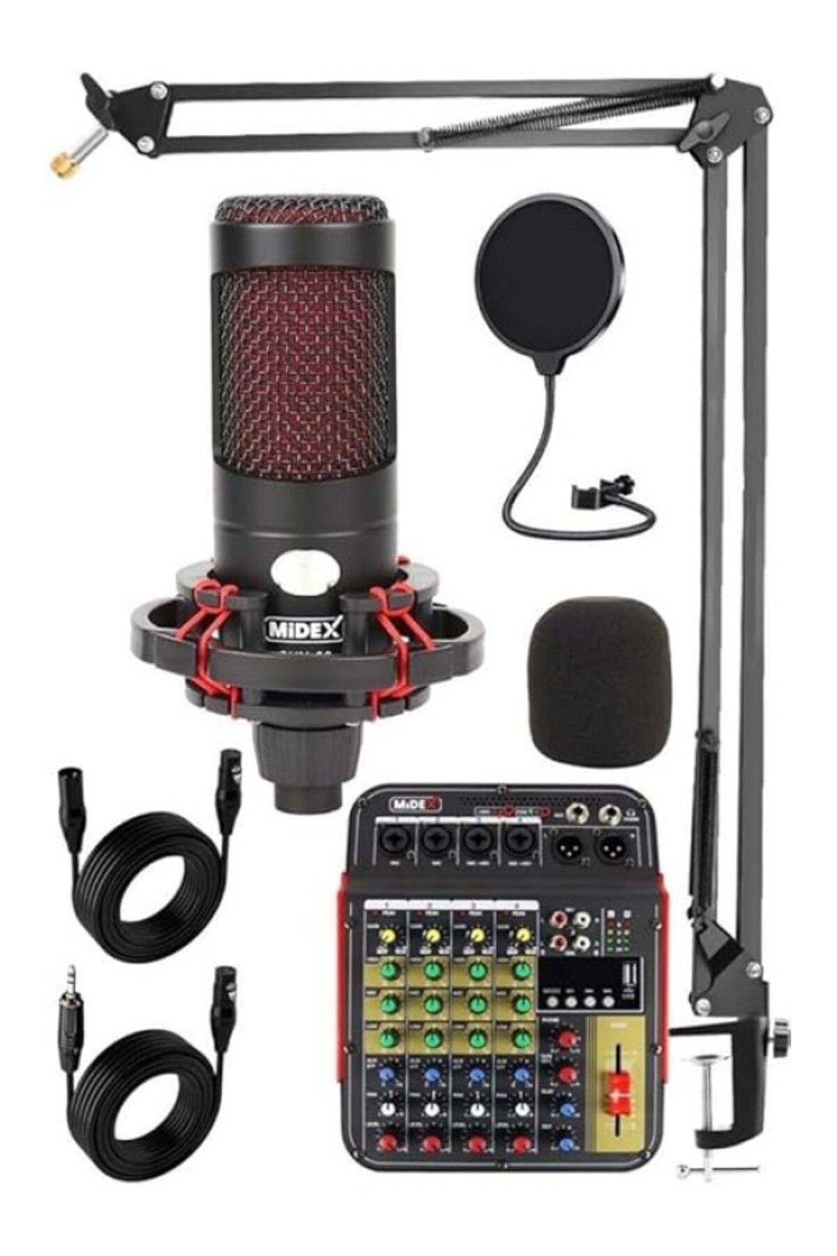 ShopZum Midex Cxn-30 Paket-5 5 Kanal Stüdyo Kayıt Mikserli Condenser Mikrofon Stand Seti