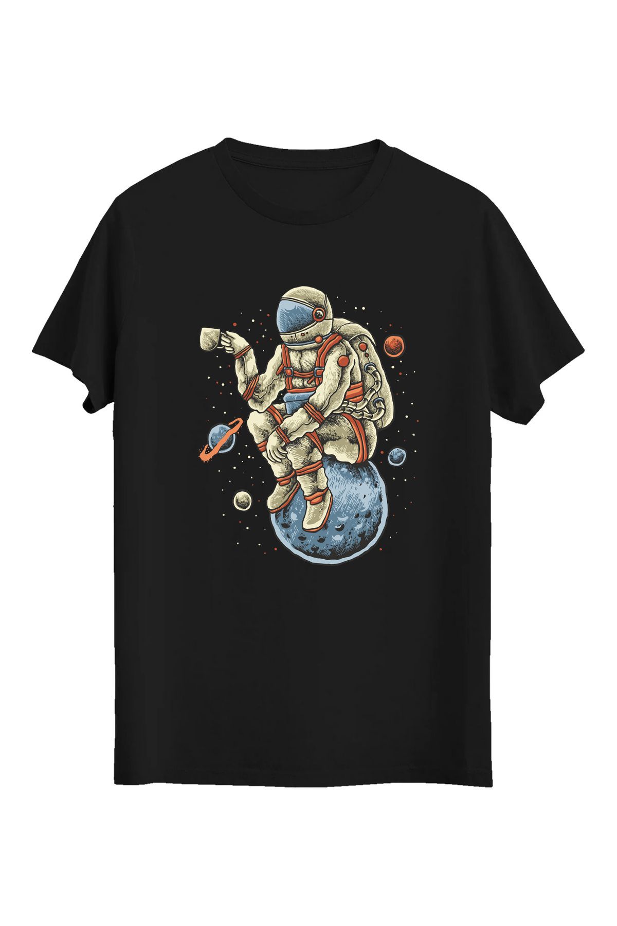 srcmarket Uzay Temalı Tshirt, Kahve içen Astronot Baskılı Unisex Tshirt