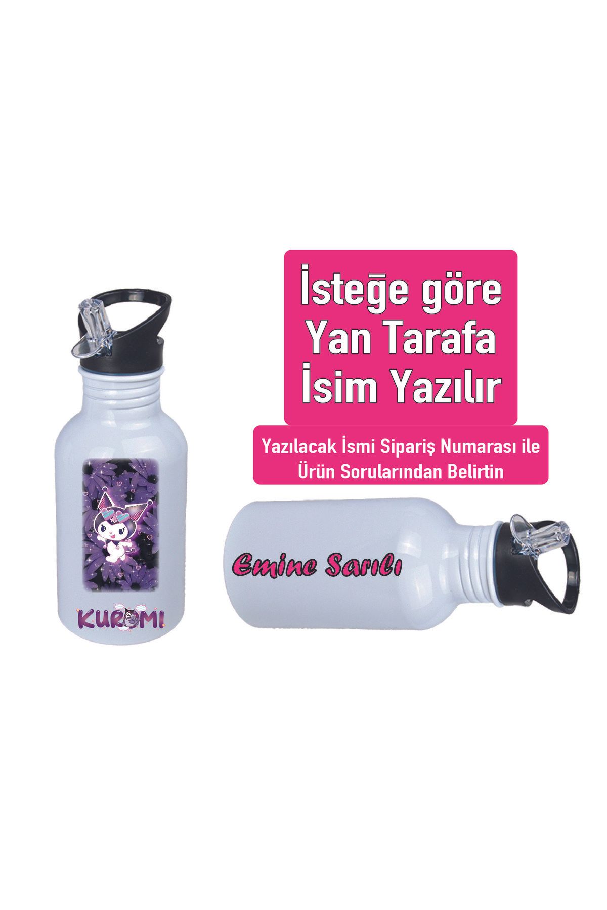 DKDZ SHOP Kuromiii Baskılı Pipetli Kancalı Metal Suluk 600ml. BEYAZ