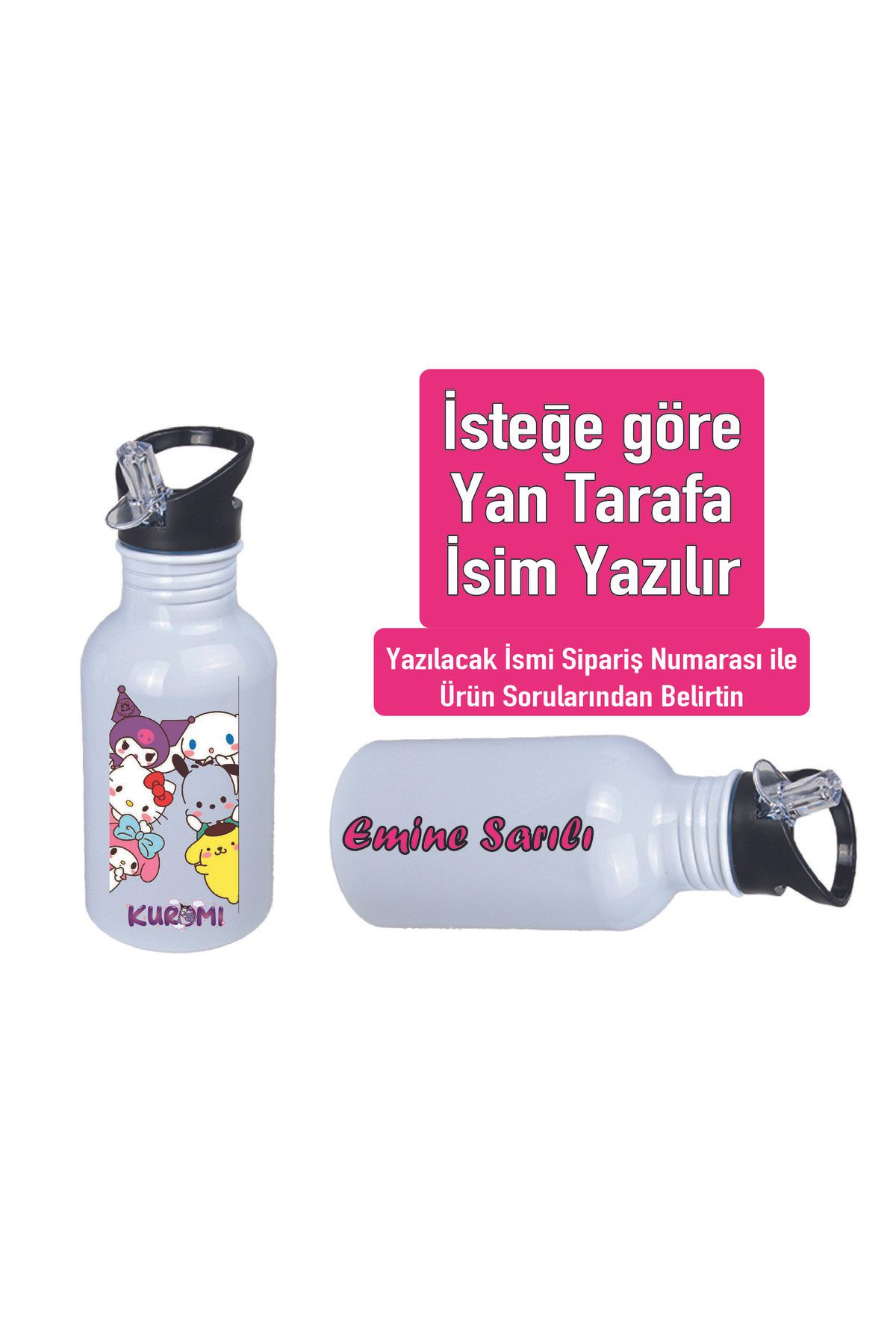 DKDZ SHOP Kuromiii Baskılı Pipetli Kancalı Metal Suluk 600ml. BEYAZ