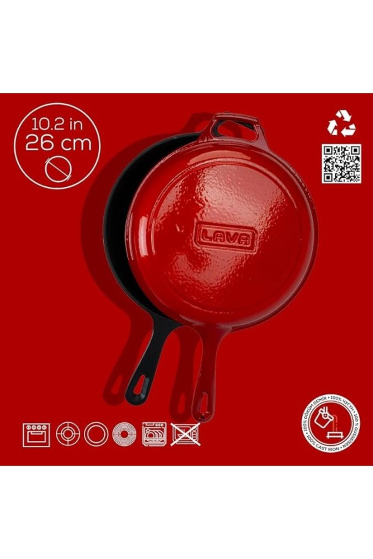 Lava-Casting Combo Deep Skillet / Saucepan and Frying Pan with Handle, with Metal Handle Lid, 26cm, Red 4