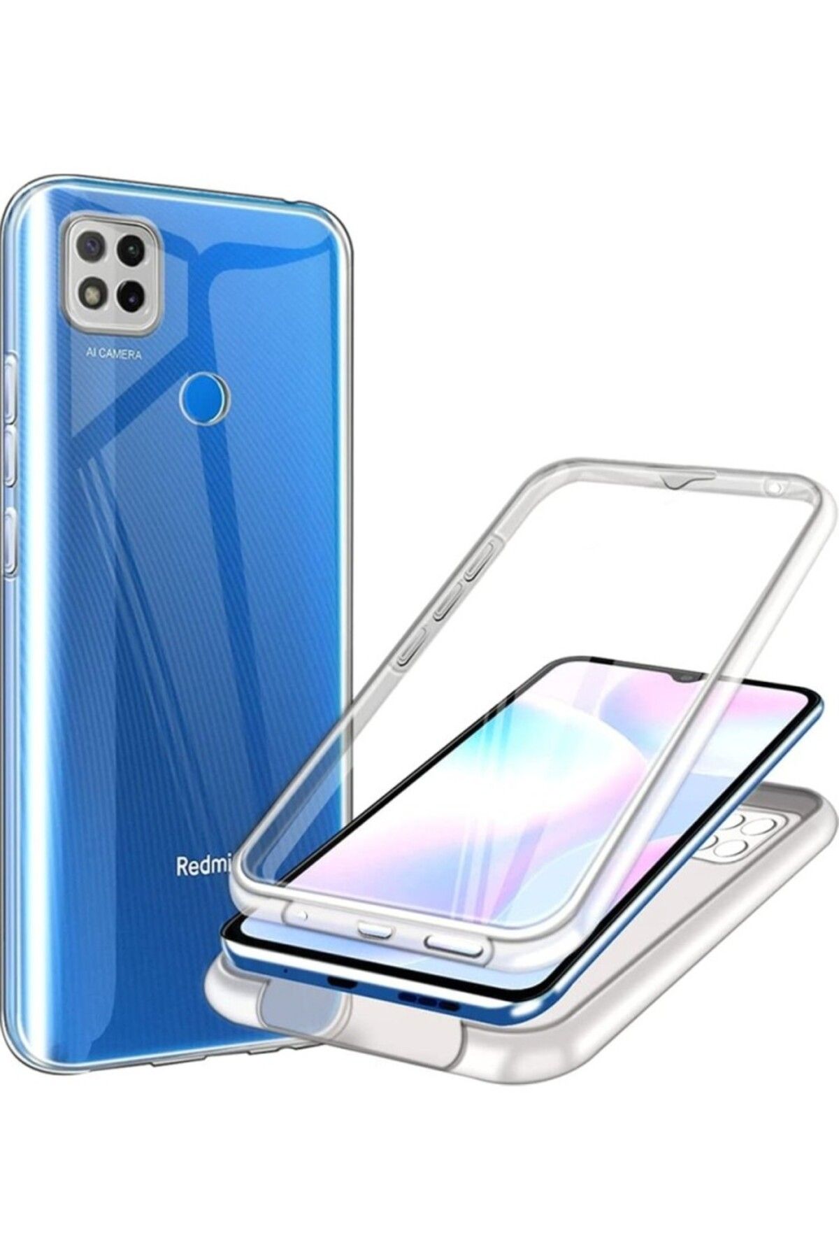 TezMax Xiaomi Redmi 10A Uyumlu 360° Ön Arka Tam Koruyucu Şeffaf Silikon Full Body Kılıf