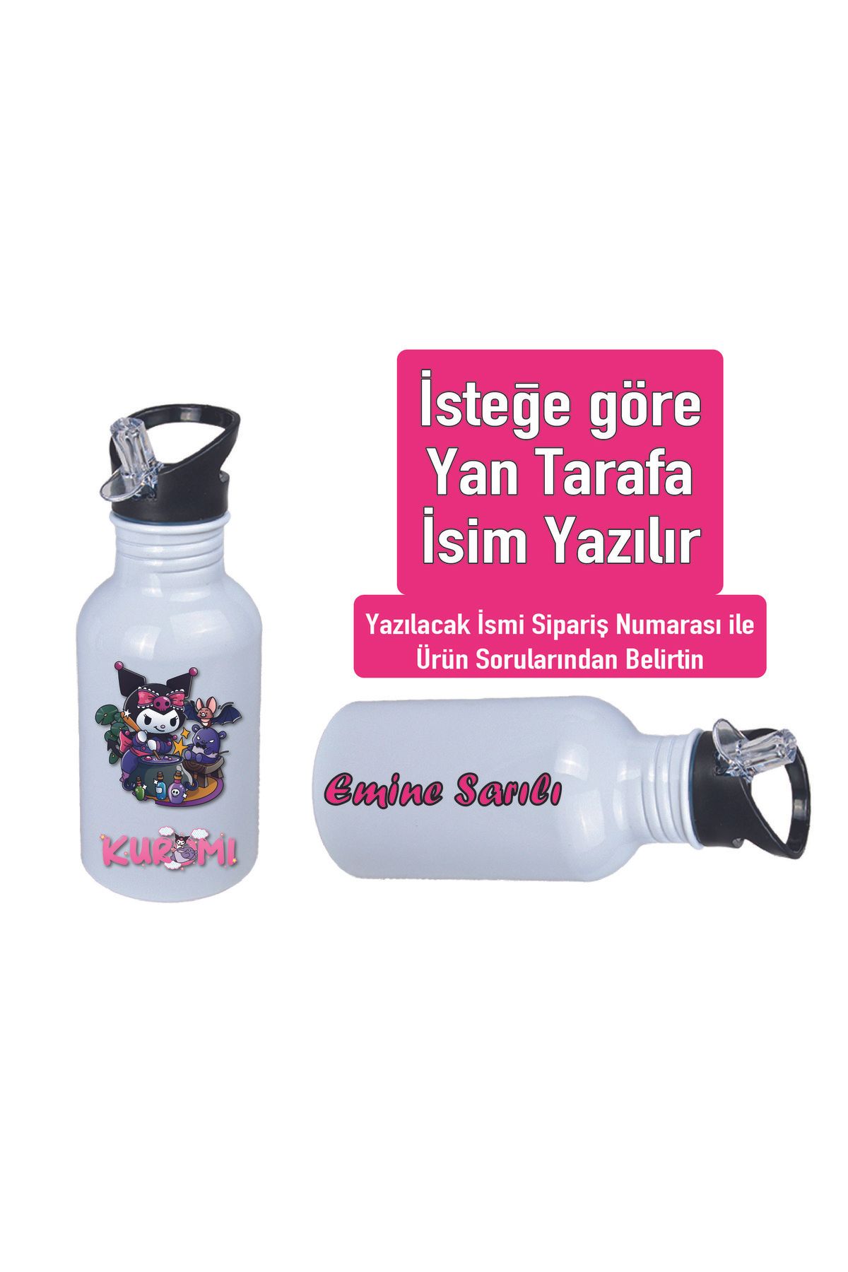 DKDZ SHOP Kuromiii Baskılı Pipetli Kancalı Metal Suluk 600ml. BEYAZ