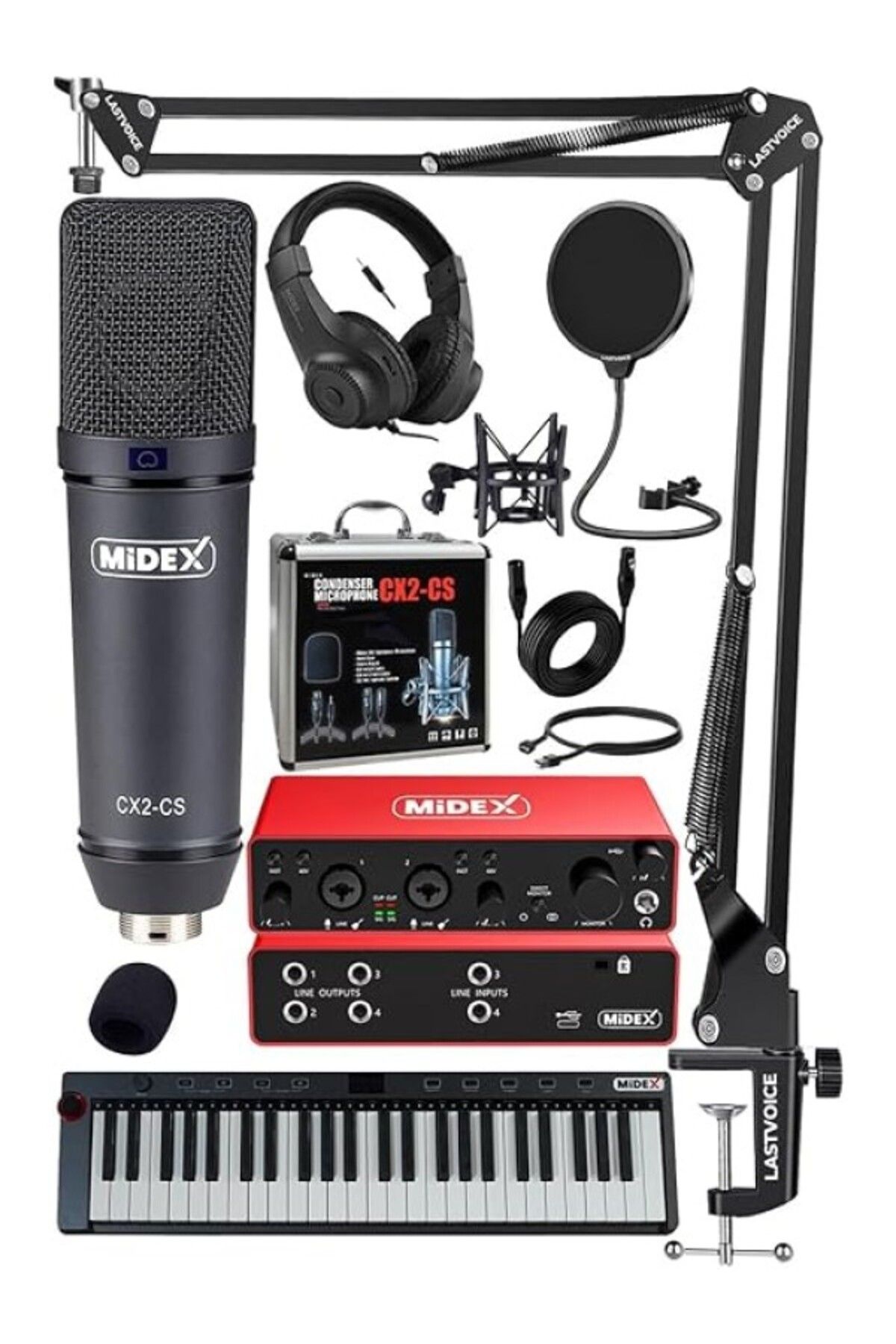 ShopZum Midex Midi Paket-6 Stüdyo Ekipmanları Seti Ses Kartı Midi Klavye Mikrofon Kulaklık