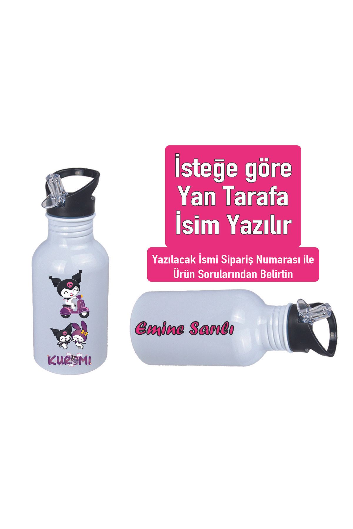DKDZ SHOP Kuromiii Baskılı Pipetli Kancalı Metal Suluk 600ml. BEYAZ