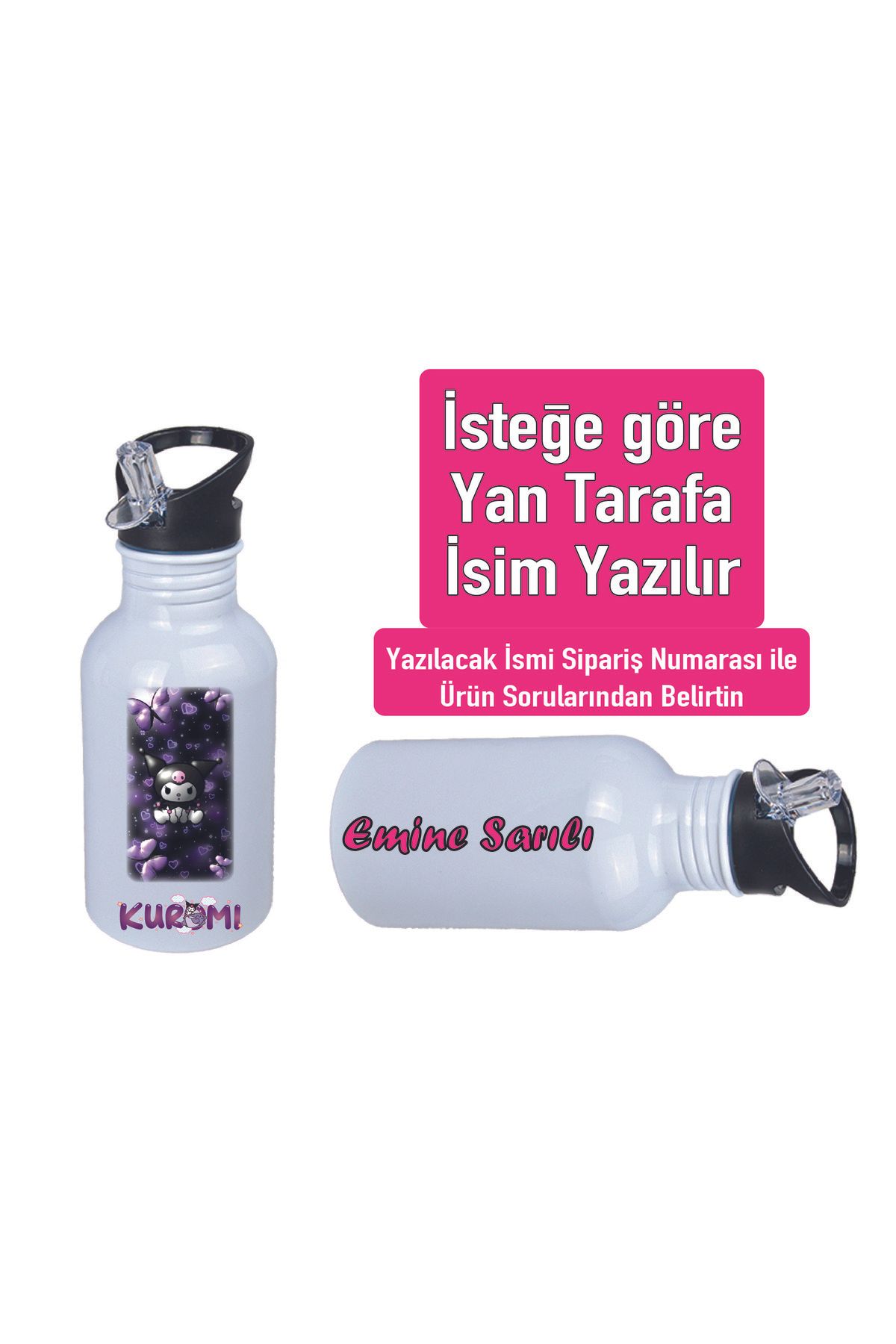 DKDZ SHOP Kuromiii Baskılı Pipetli Kancalı Metal Suluk 600ml. BEYAZ