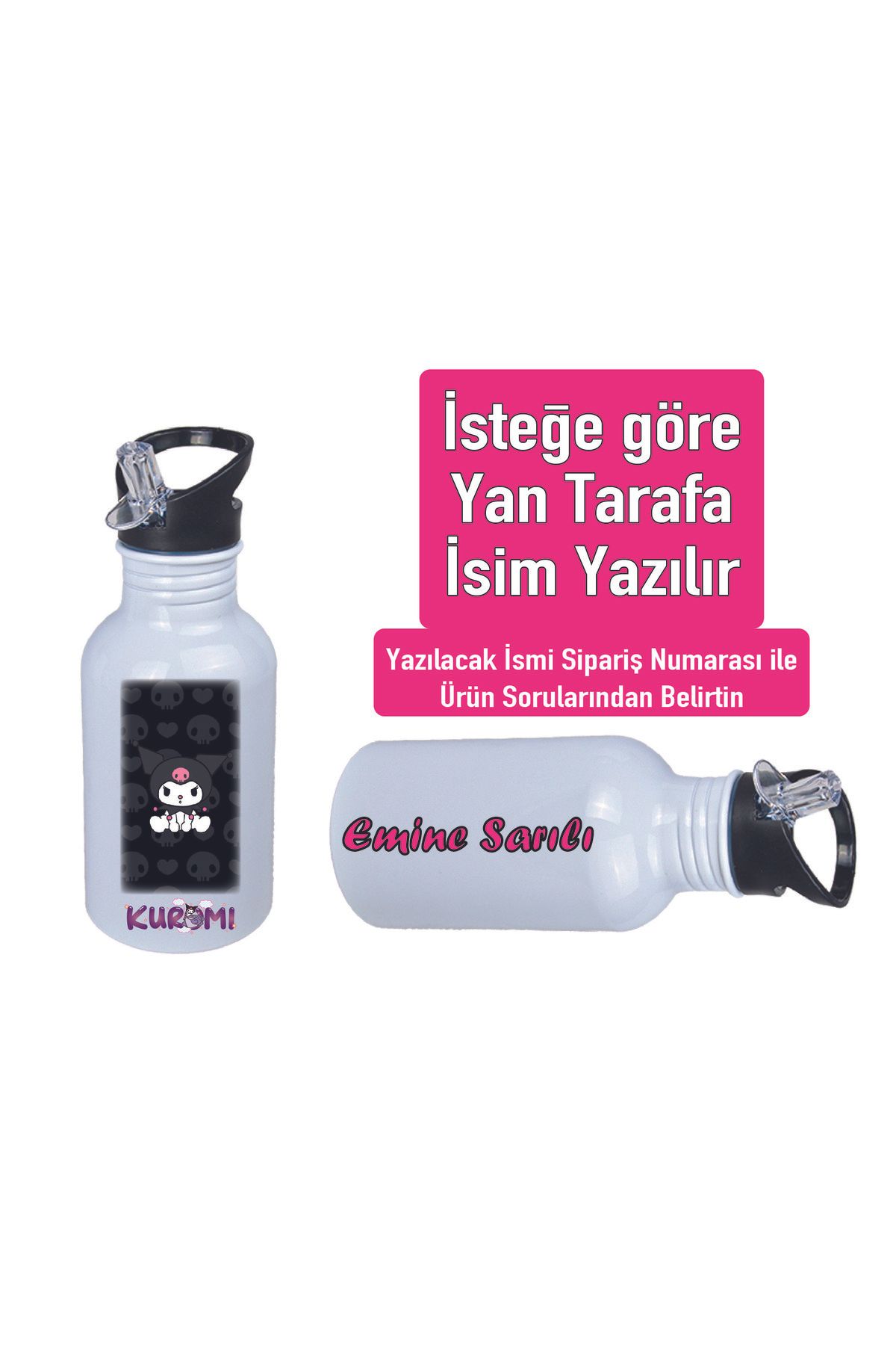 DKDZ SHOP Kuromiii Baskılı Pipetli Kancalı Metal Suluk 600ml. BEYAZ