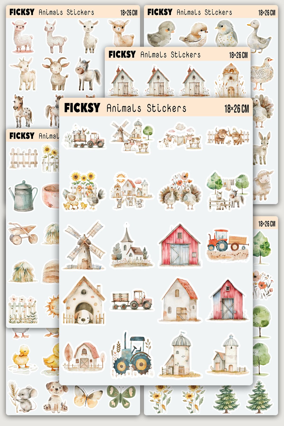 Ficksy Sevimli Çiftlik Hayvanları Sticker Seti - 140 Adet Etiket Çıkartma