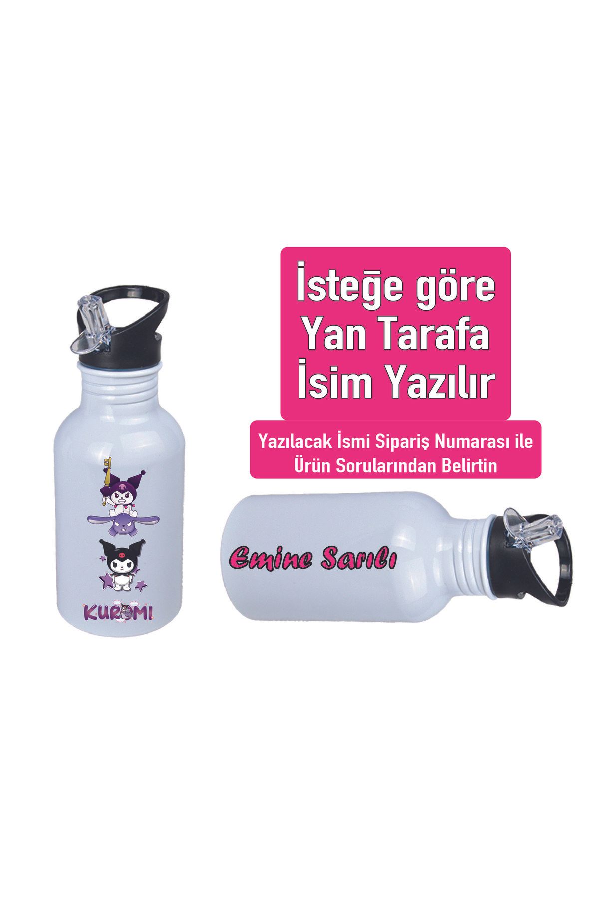 DKDZ SHOP Kuromiii Baskılı Pipetli Kancalı Metal Suluk 600ml. BEYAZ