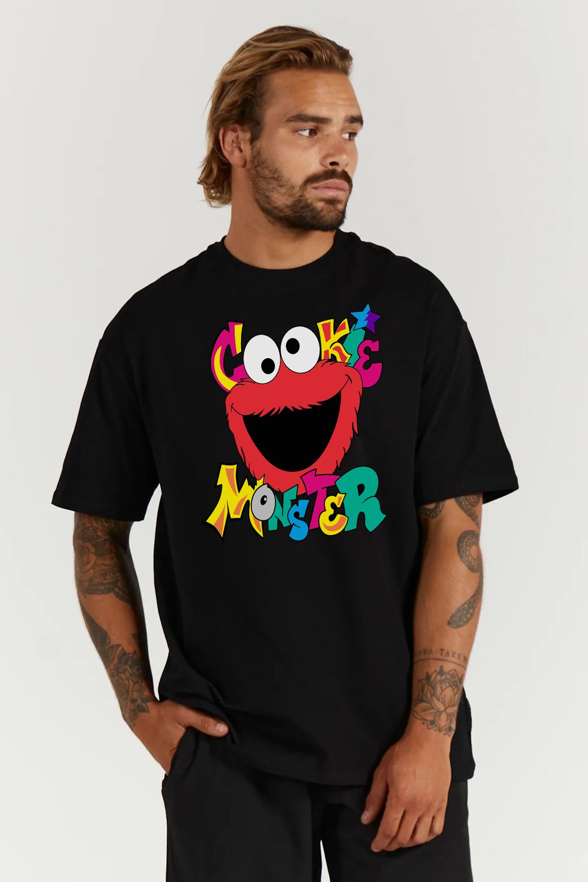 MODA Cookie Monster Kurabiye Canavarı Baskılı Oversize Kalıp Siyah Geniş Bol Kesim Erkek Tişört