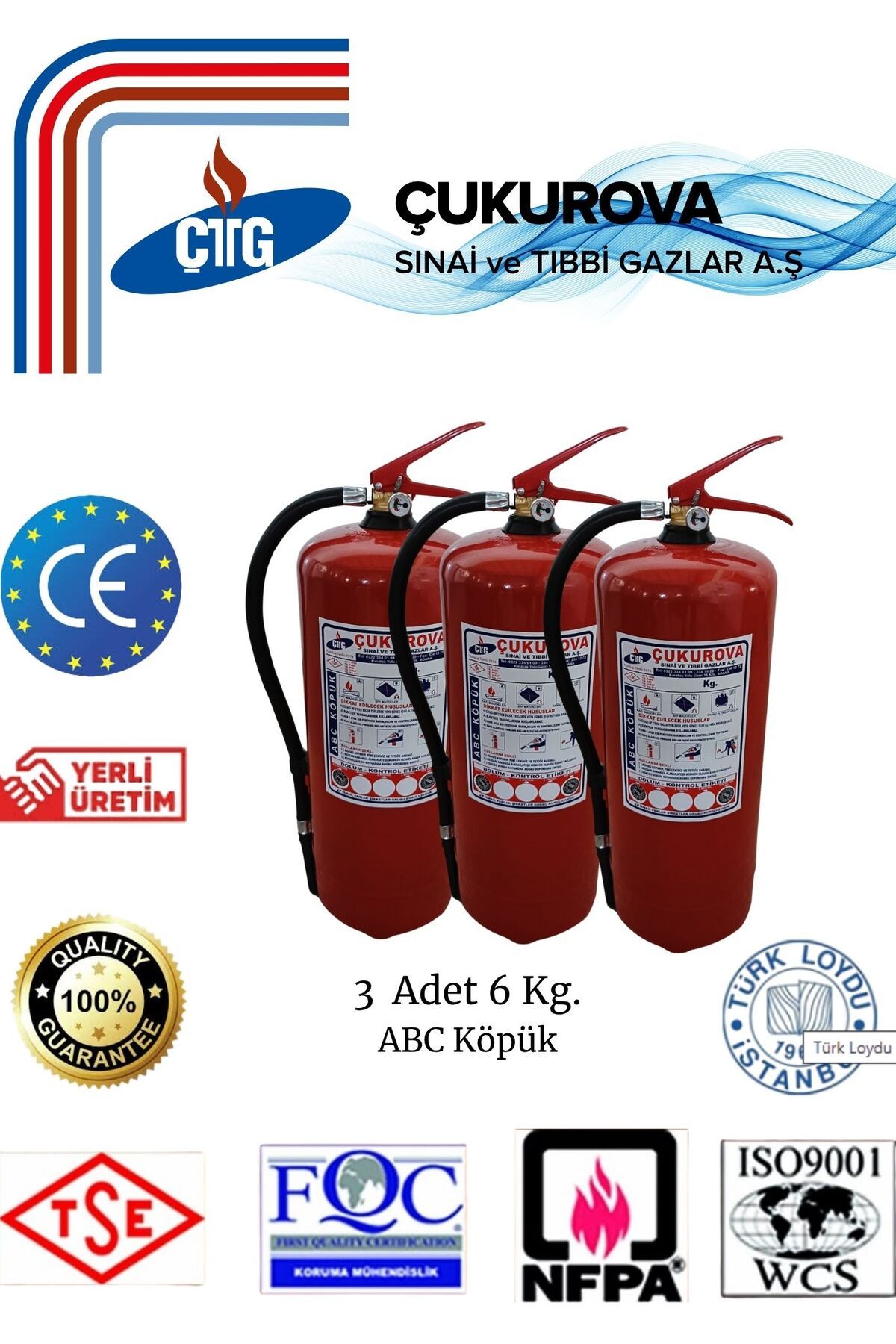 CTG 3 Adet Yangın Söndürme Tüpü/6 Kg ABC KÖPÜK /Askı Aparatı/Fosfor Levha/Ev,Ofis,Otel,Hastane,Okul