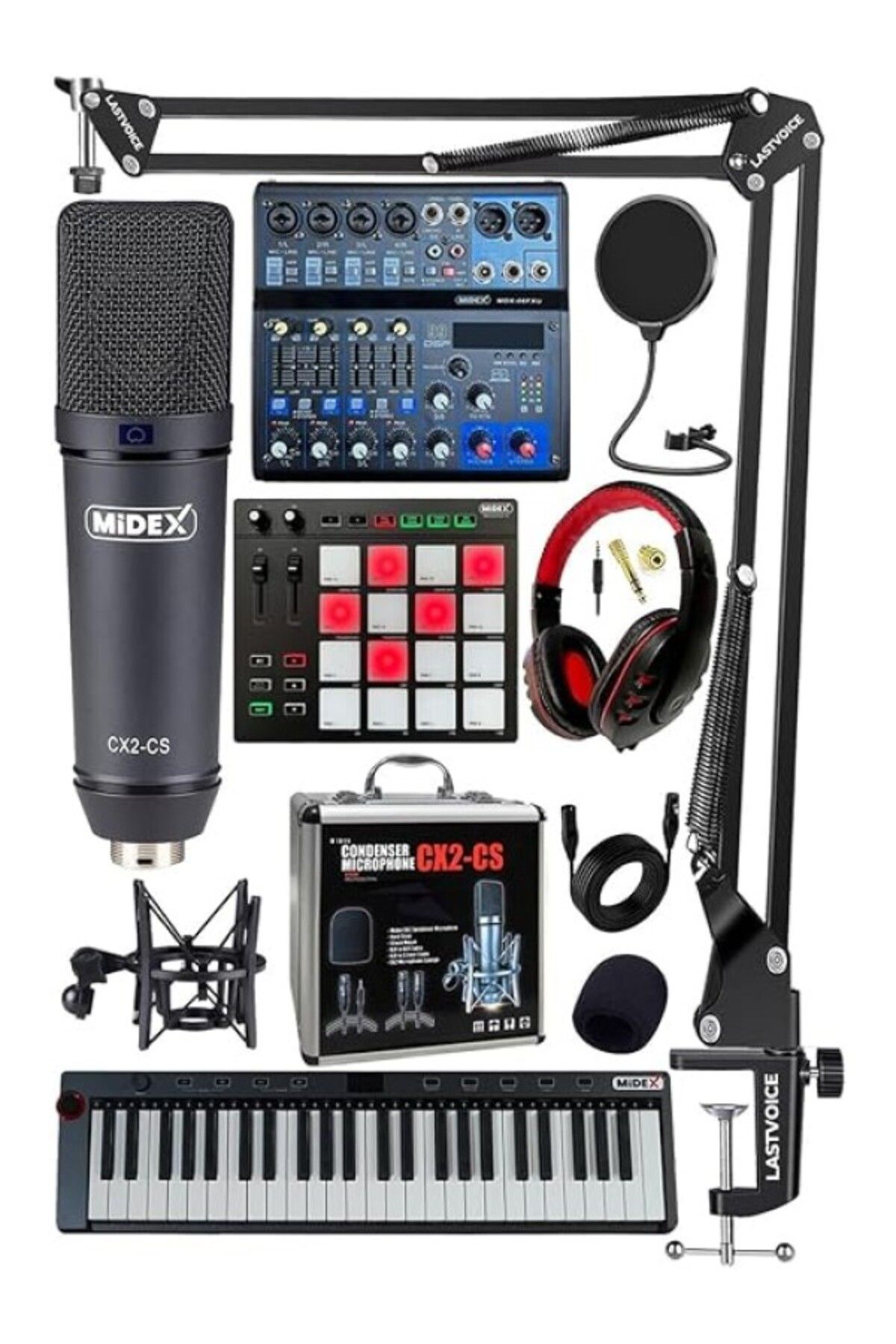 ShopZum Stüdyo Ekipmanları Midi Live Paket-6 Ses Kartlı Mikser Midi Klavye Cx2 Mikrofon Kulaklık Pad Contro