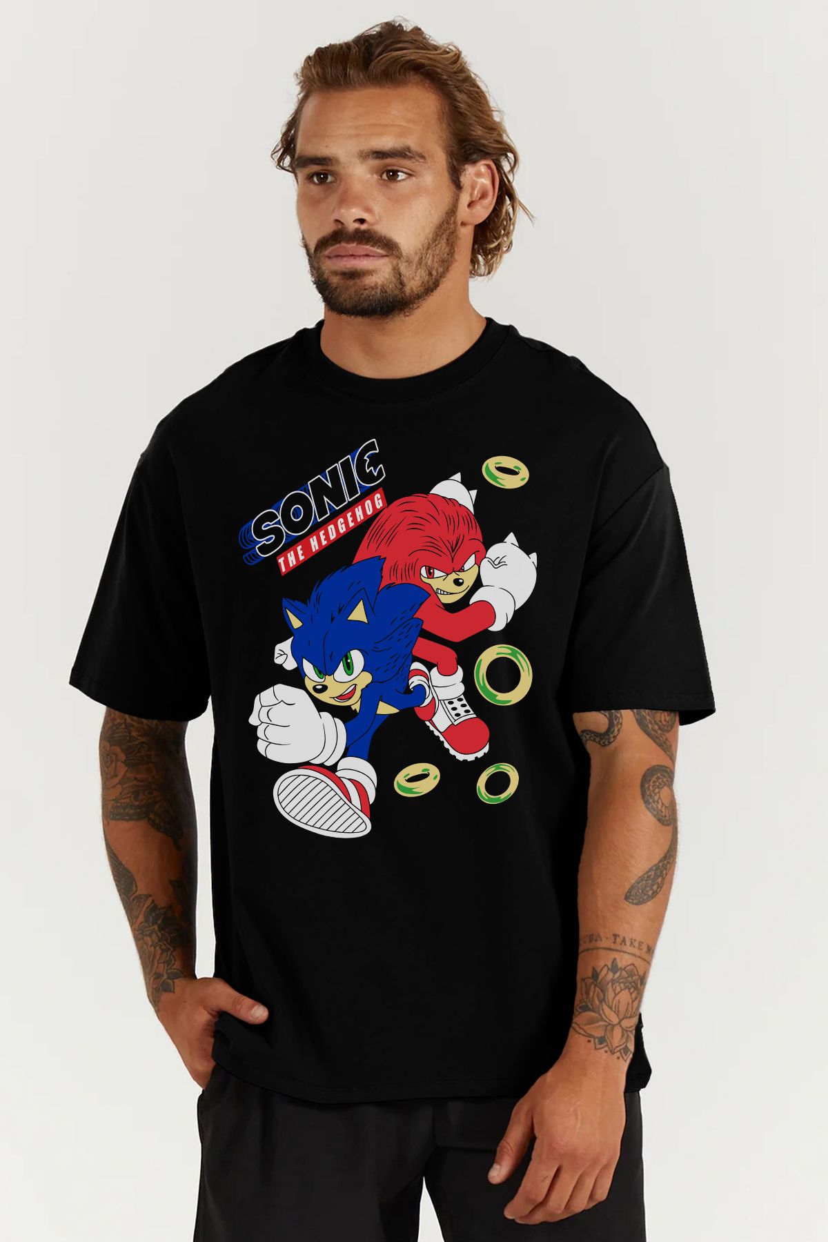MODA Kirpi Sonic Baskılı Oversize Kalıp Siyah Geniş Bol Kesim Erkek Tişört