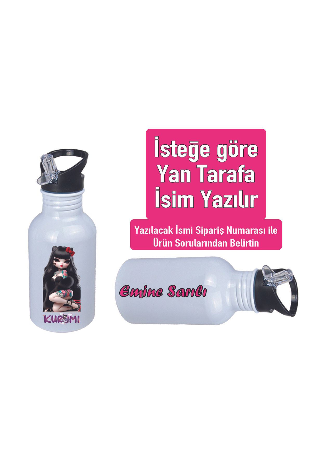 DKDZ SHOP Kuromiii Baskılı Pipetli Kancalı Metal Suluk 600ml. BEYAZ