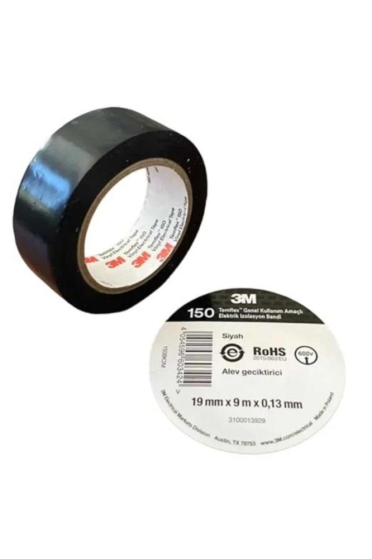 ShopZum 3M Temflex Elektrik İzolasyon Bandı Siyah (0,13 Mm X 19 Mm X 9 Metre)