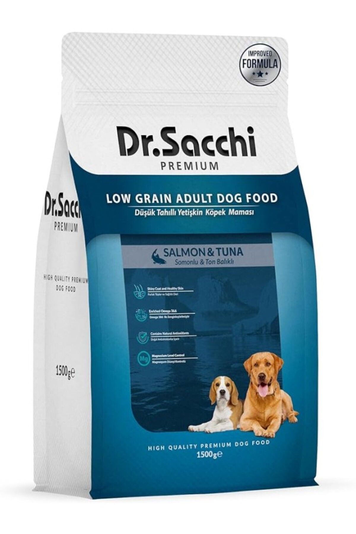 ShopZum Dr.Sacchi Premıum Düşük Tahıllı Somonlu Ve Ton Balıklı Yetişkin Köpek Maması 1,5 Kg
