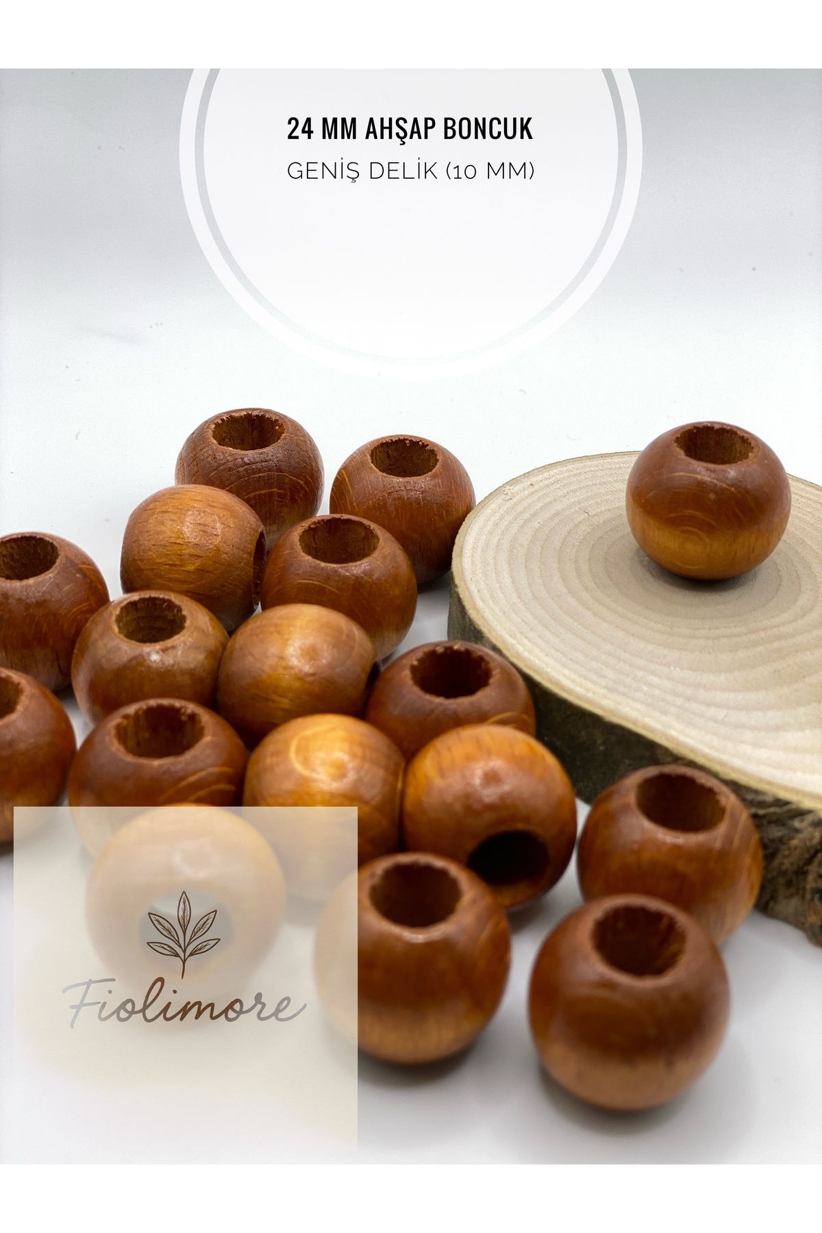 Fiolimore Taba Kahve Ahşap Boncuk 24 mm (50 Gram 14 Adet) Delik Çapı 10 mm Yuvarlak Tahta Renkli Geniş Delik