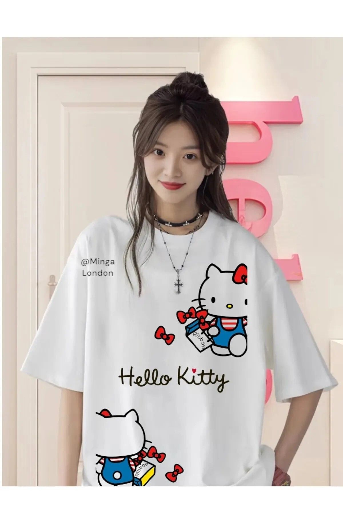 DEEFWEAR Beyaz Hello Kitty Twins Ön Baskılı Oversize Unisex T-shirt