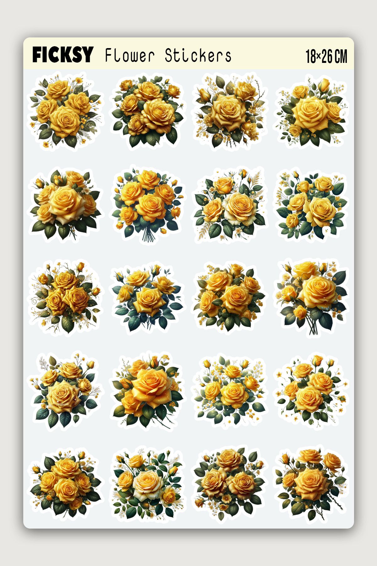 Ficksy Sarı Gül Çiçek Sticker Seti - 20 Adet Etiket Çıkartma