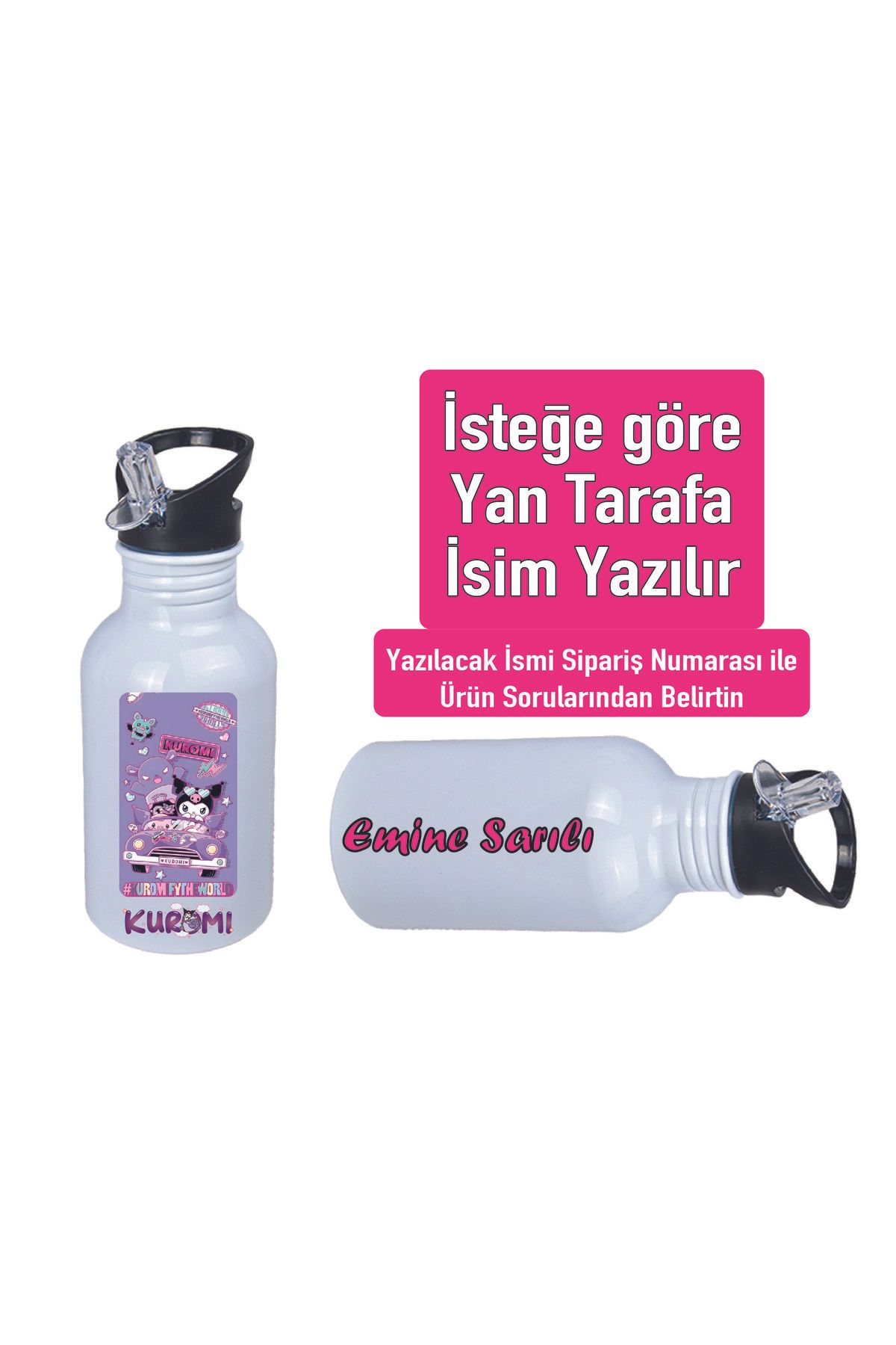 DKDZ SHOP Kuromiii Baskılı Pipetli Kancalı Metal Suluk 600ml. BEYAZ