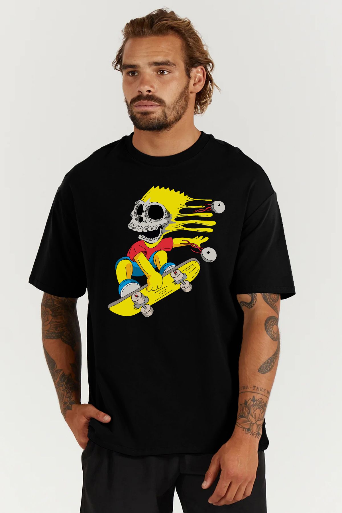 MODA Simpsons Bart Simpsonlar Baskılı Oversize Kalıp Siyah Geniş Bol Kesim Erkek Tişört