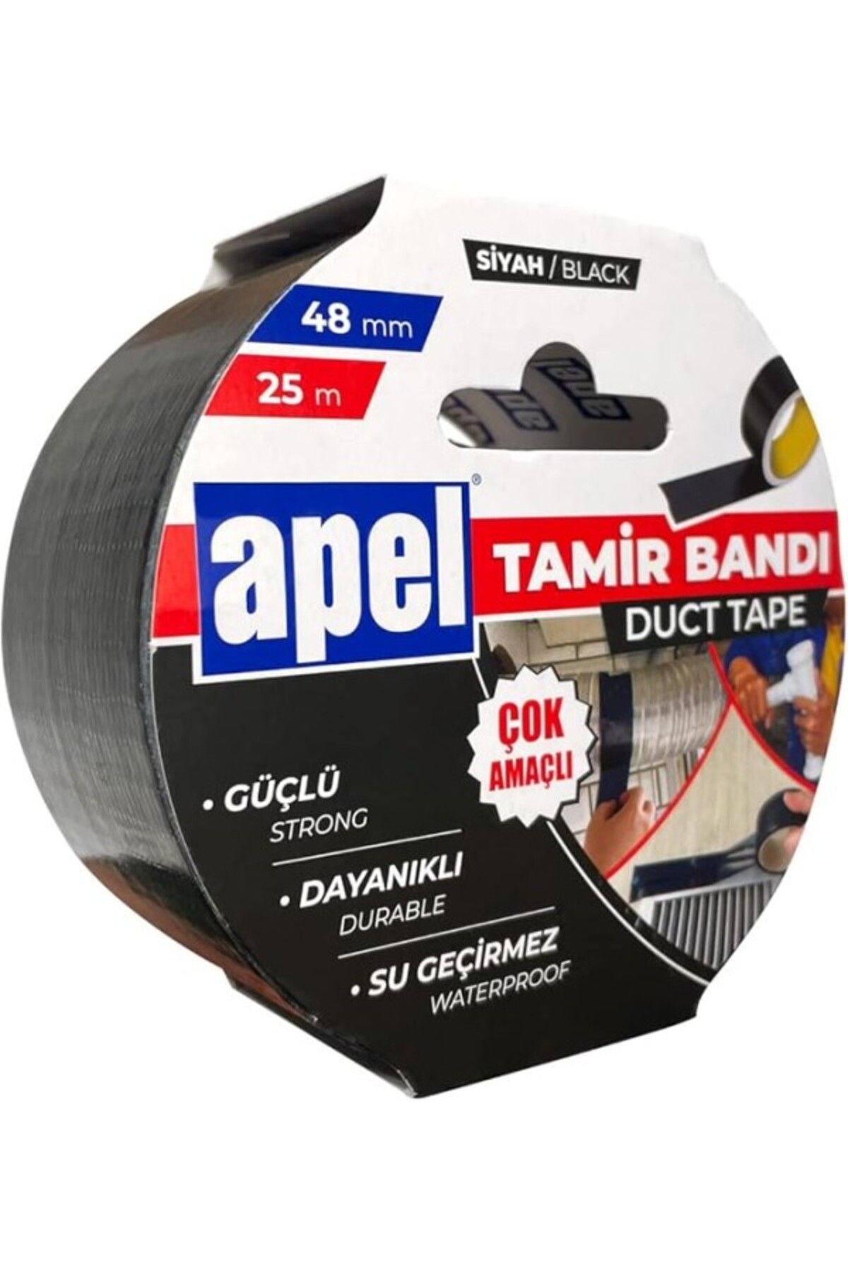 ShopZum Apel Tamir Bandı (Duct Tape) Askılı Karton 48 Mm X 25 M Siyah