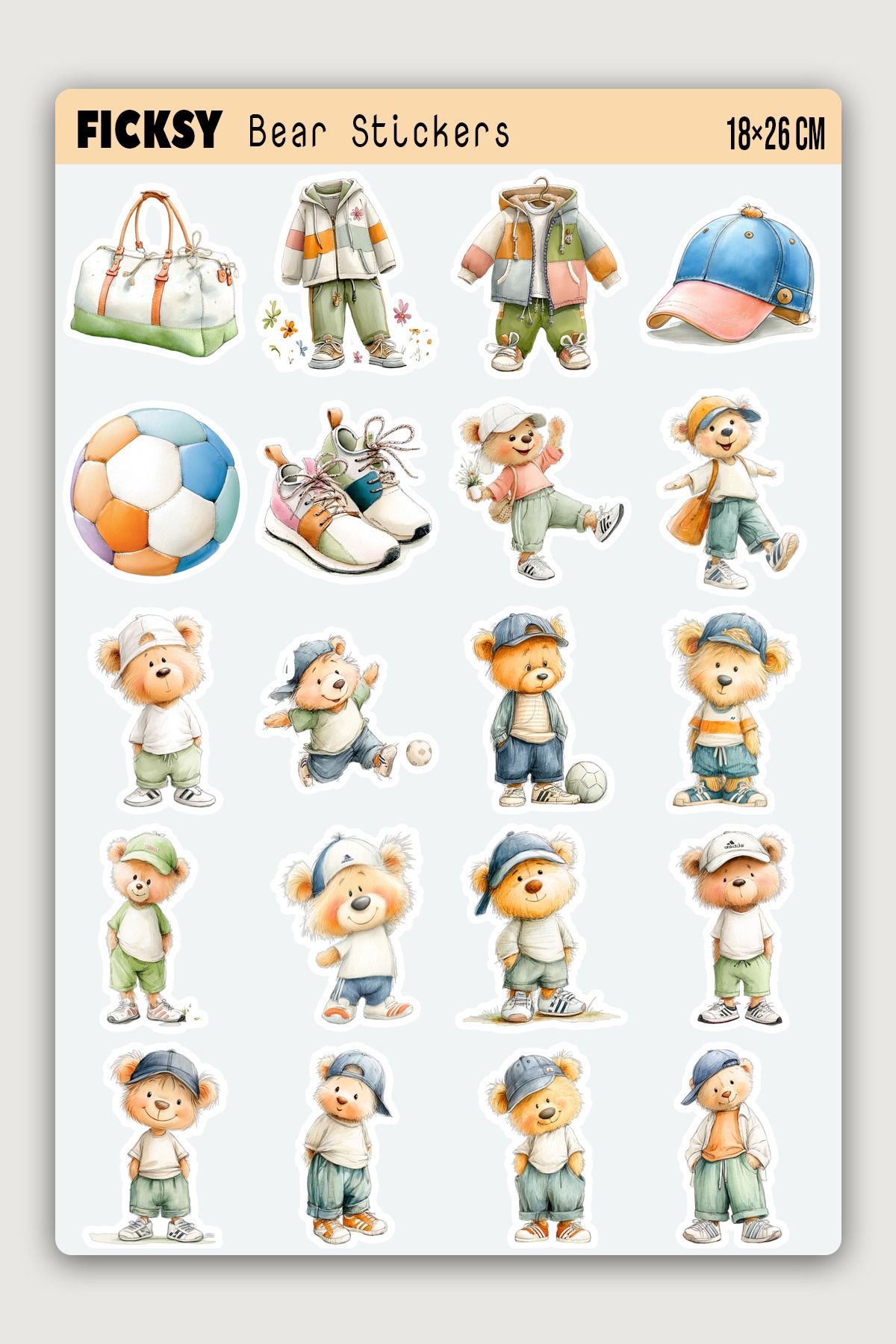 Ficksy Sevimli Sporcu Ayıcık Sticker Seti - 20 Adet Etiket Çıkartma