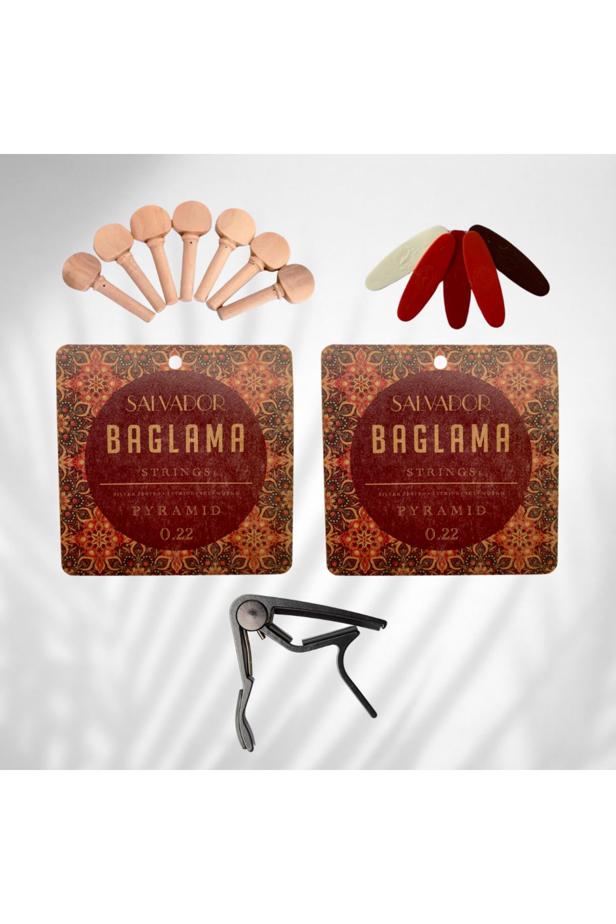 SALVADOR 2 Takım Bağlama Teli Mızrap Tezene Seti Burgu Kulağı ve Bağlama Kaposu Tam Set (0.22 Divan Bağlama)