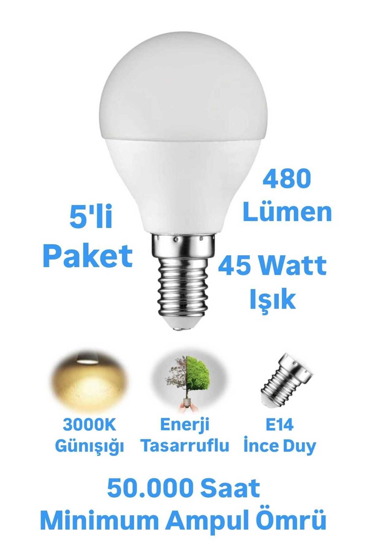 repplam 5 Adet 5W Günışığı İnce Duylu Top Ampul E14 İnce Duylu Avize Ampulü 480 Lümen