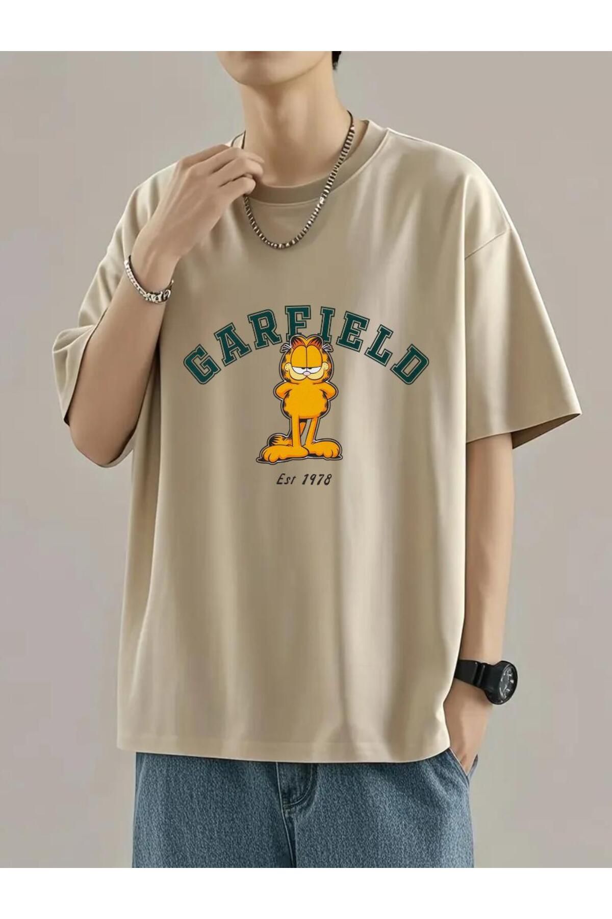 DEEFWEAR Bej Garfield Est 1978 Unisex Ön Baskılı Oversize Tshirt