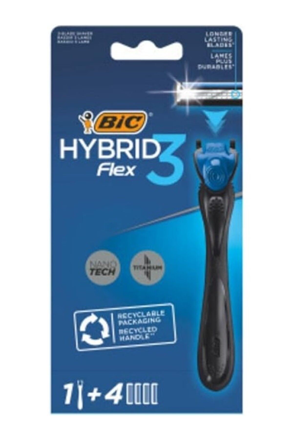 ShopZum Hybrid 3 Flex Erkek Tıraş Bıçağı 1 Sap Ve 4 Yedek Başlık (3 Bıçak), 3 Nano Teknolojik Titanyum