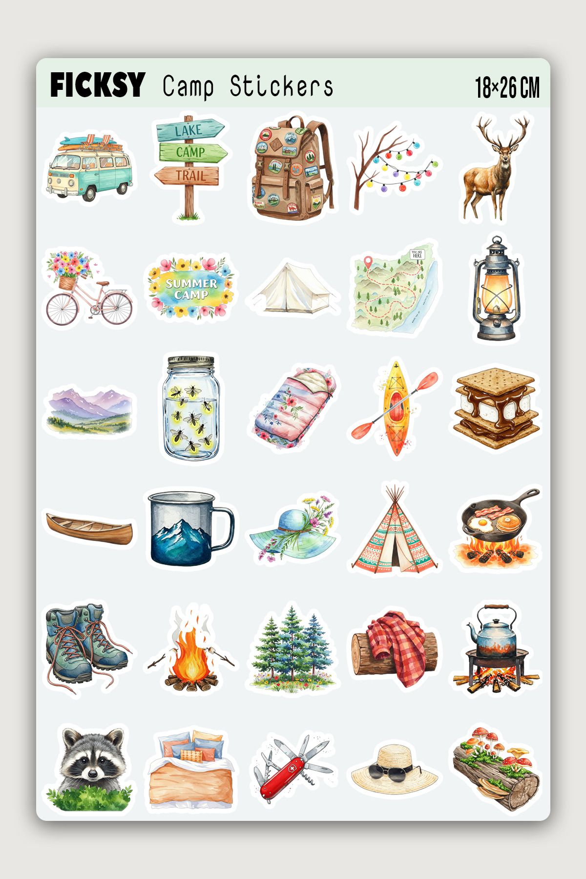 Ficksy Macera, Doğa Temalı Kamp Sticker Seti - 30 Adet Etiket Çıkartma