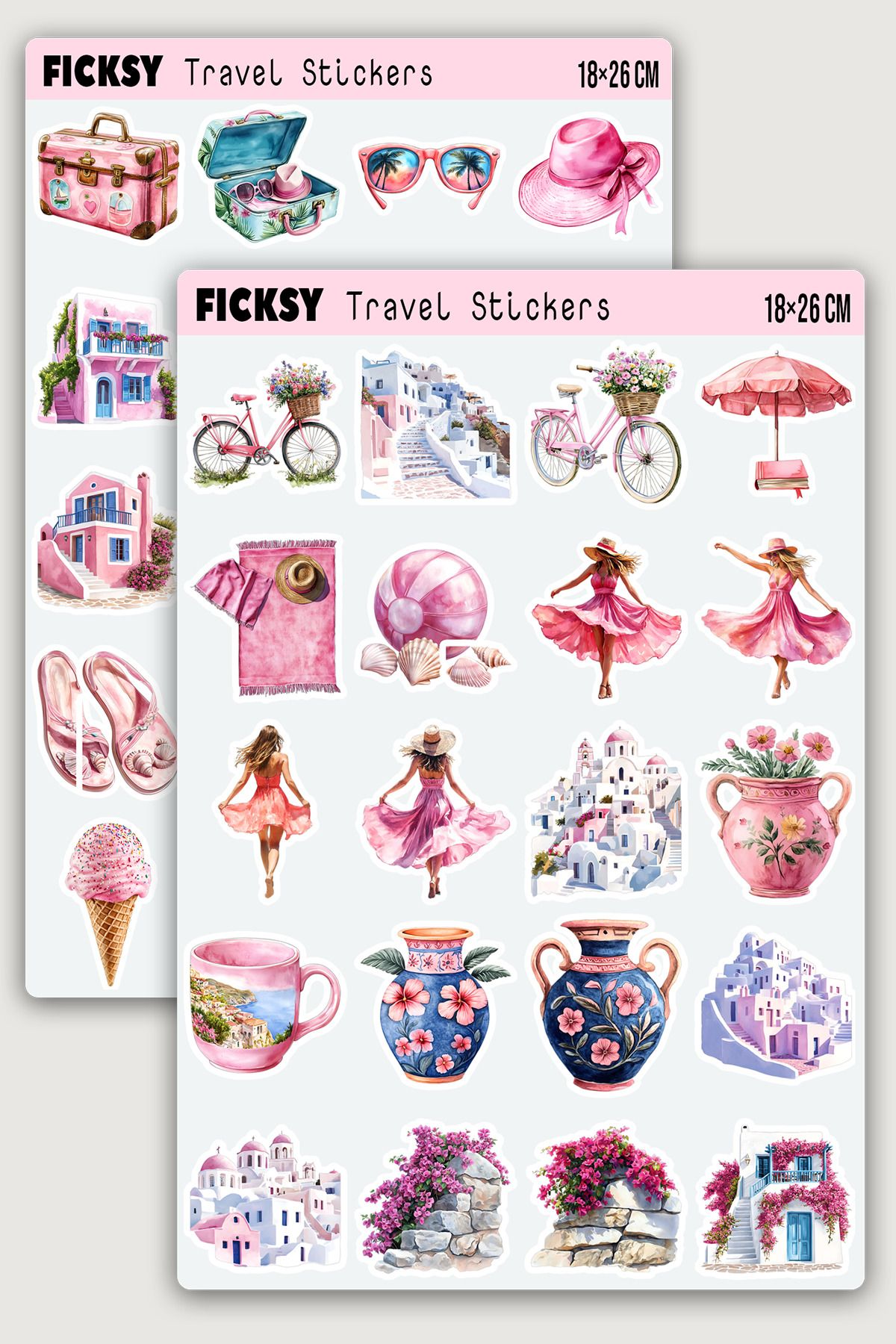 Ficksy Santorini Ege Adası Sticker Seti - 40 Adet Yaz Tatil Seyahat Travel Gezgin Etiket Çıkartma