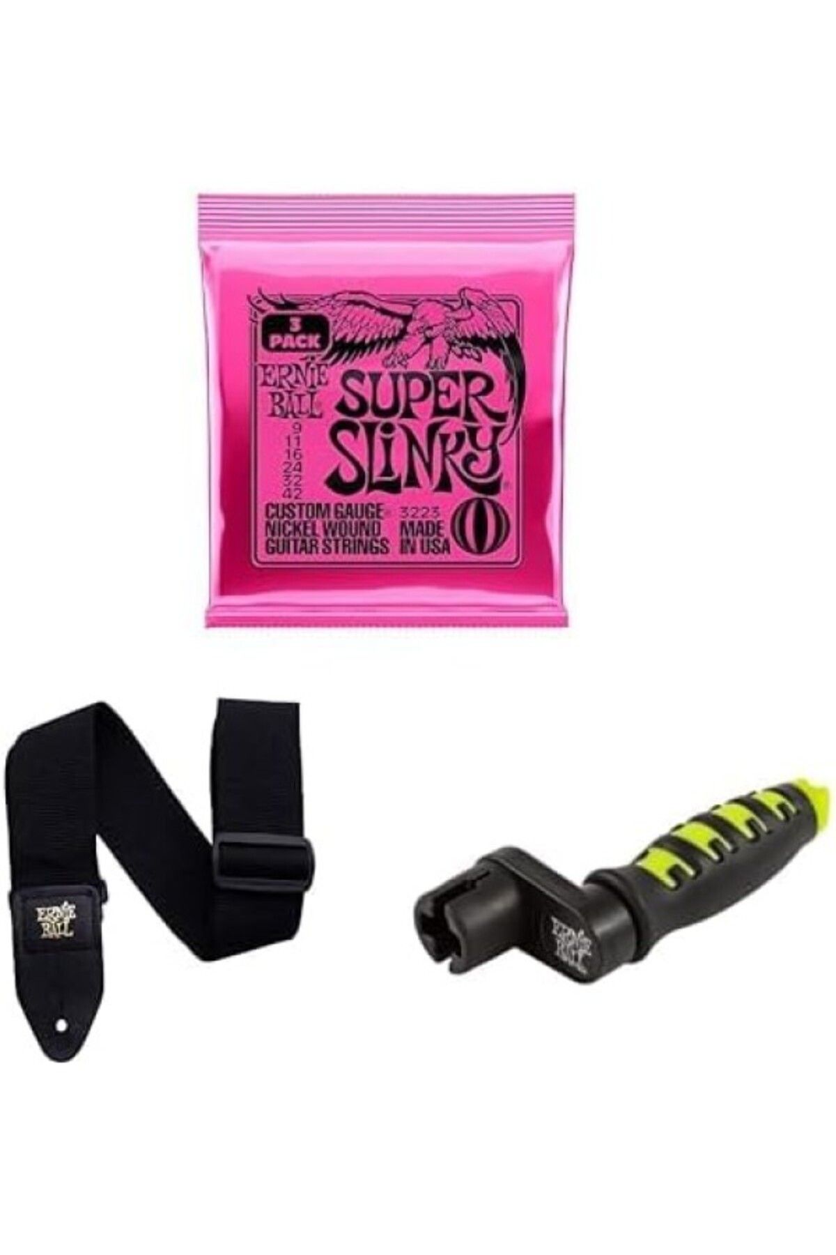 ShopZum Ernie Ball Super Slinky 3-Pack Ve Black Polypro Strap Ve Pegwinder Plus
