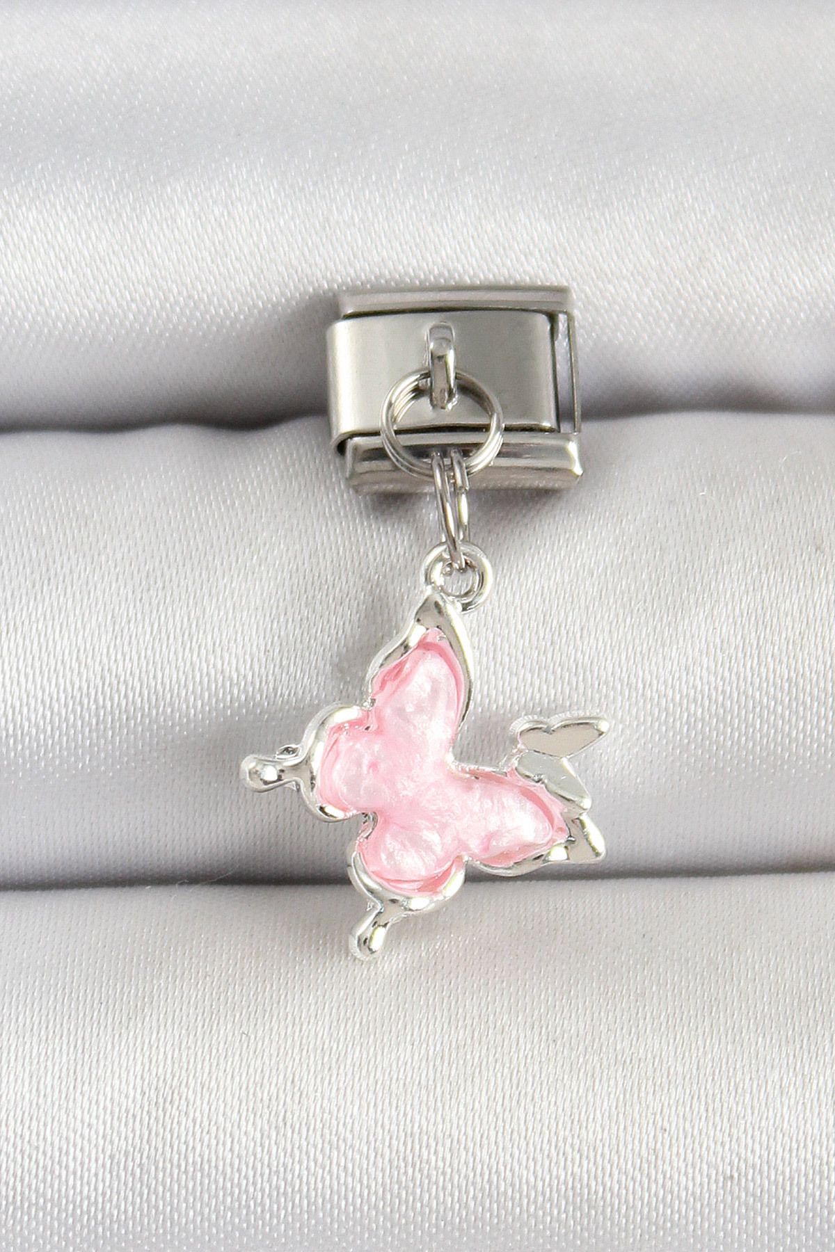 Goşenefmafe 316L Çelik Gümüş Renk Pembe Kelebek Model Nomination Charm