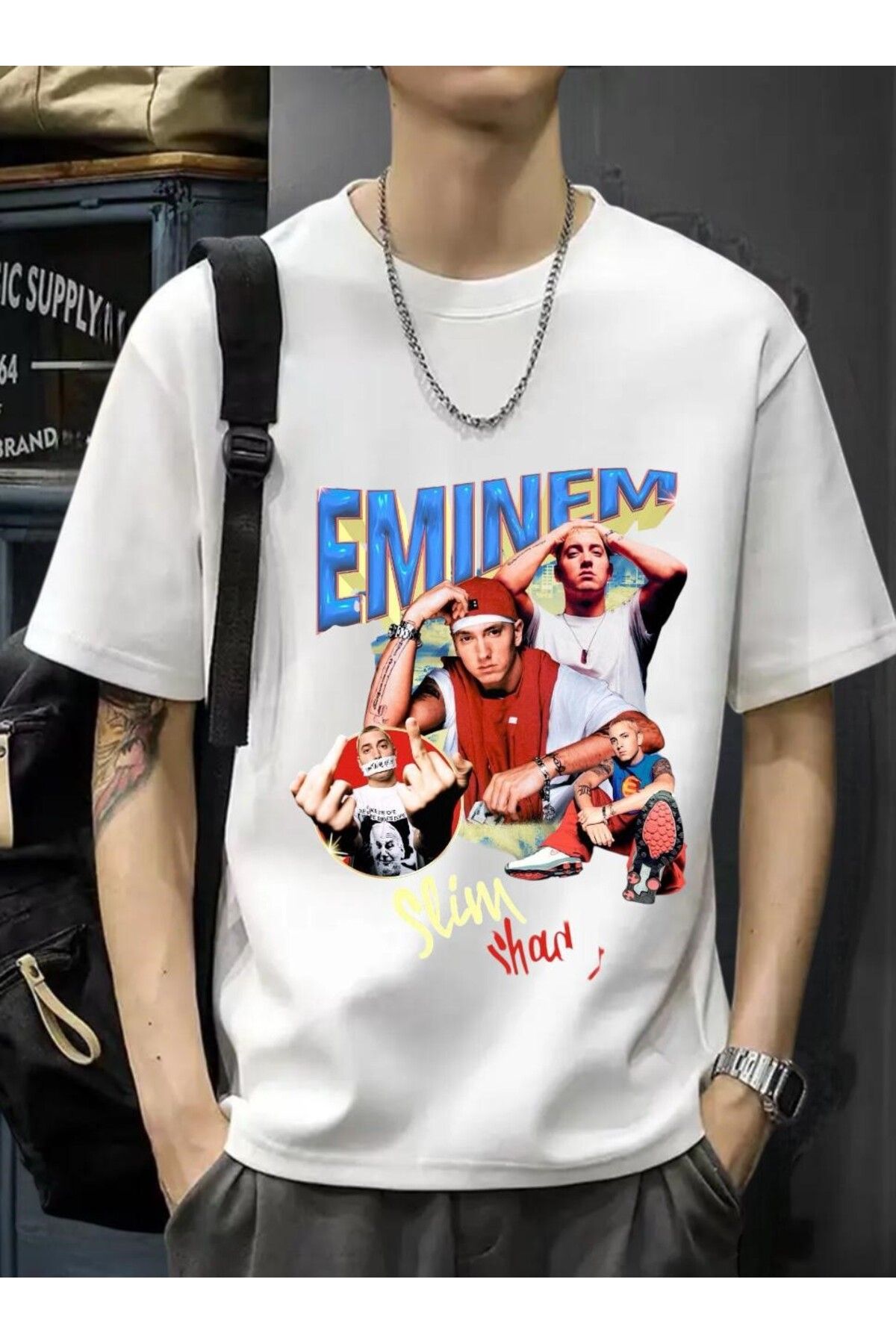 DEEFWEAR Beyaz Eminem Slim Unisex Ön Baskılı Oversize Tshirt