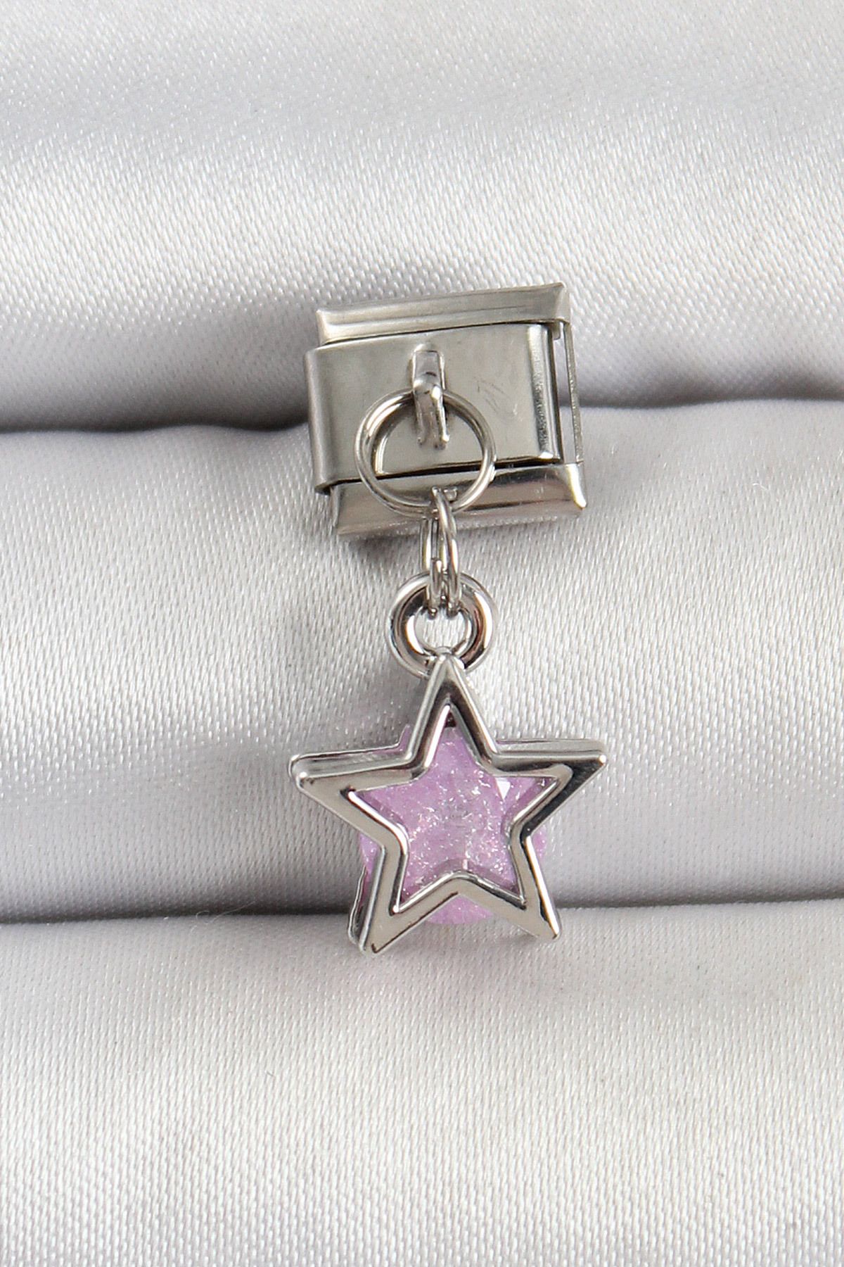 Goşenefmafe 316L Çelik Gümüş Renk Pembe Taşlı Yıldız Model Nomination Charm